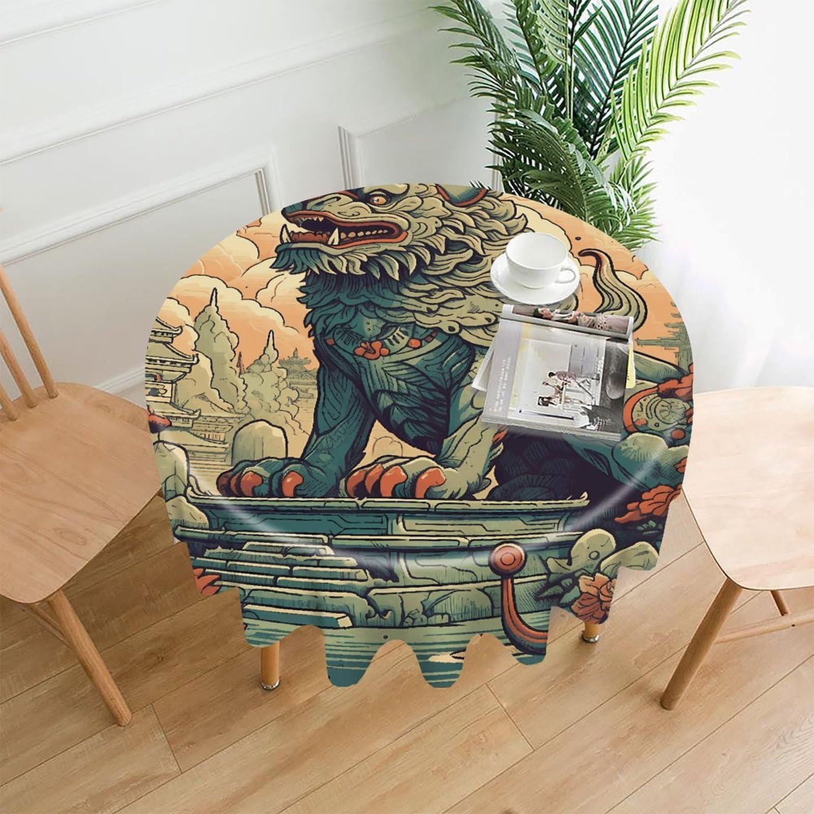 LZQPOEAS Lion Statue Tablecloth Decorative Round Table Cloth Wrinkle Resistant Round Tablecloth Washable Circle Table Cover for Kitchen Dining Party Wedding Camping 60 Inch