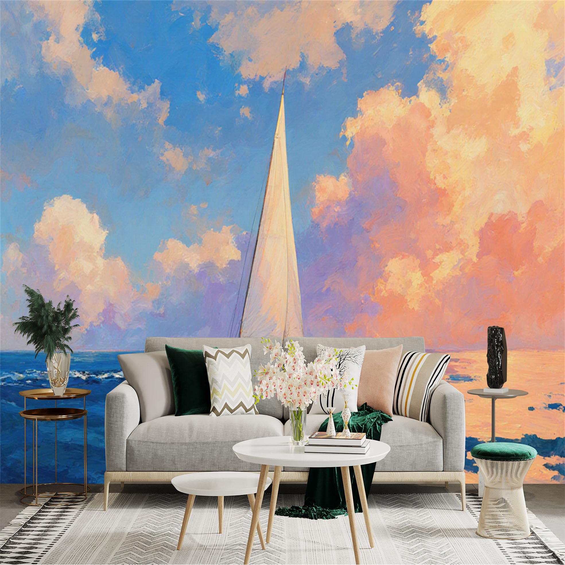 Custom Size Wall Sticker Mural， Sailboat on Calm Ocean， Vibrant Sunset Clouds， Impressionist Sea Scenery， Artistic Nautical View， for wall Decoration， peelandstick wall Decals.