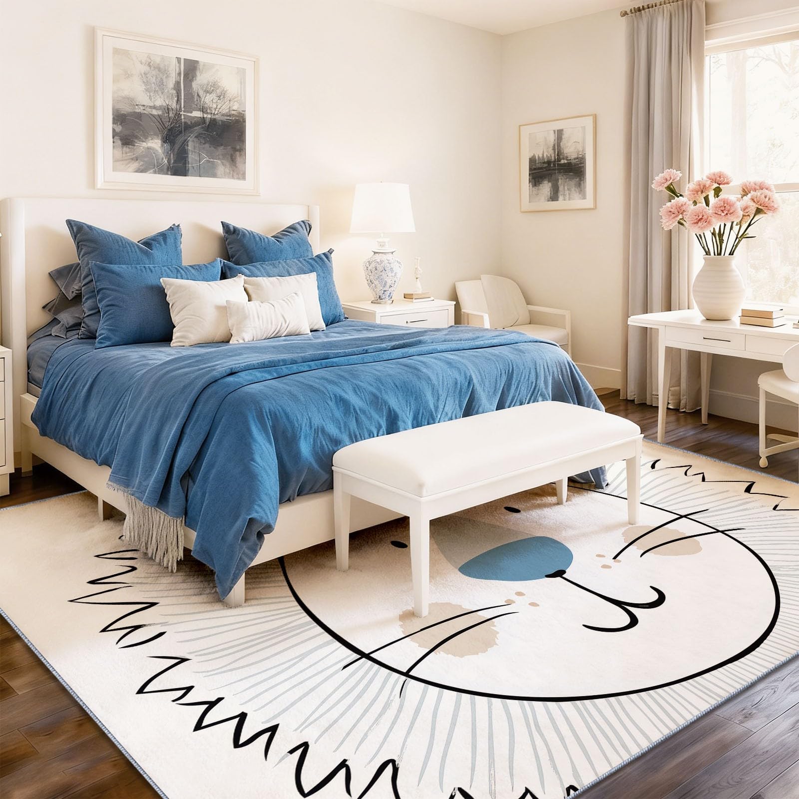 Tapis de Salon Lavable en Machine Blanc Dessin Animé Lion Dessin Au Trait Animal Faible Poil Antidérapant avec Motif Imprimé Tapis Chambre pour la Chambre à Coucher, 80 x 150 cm