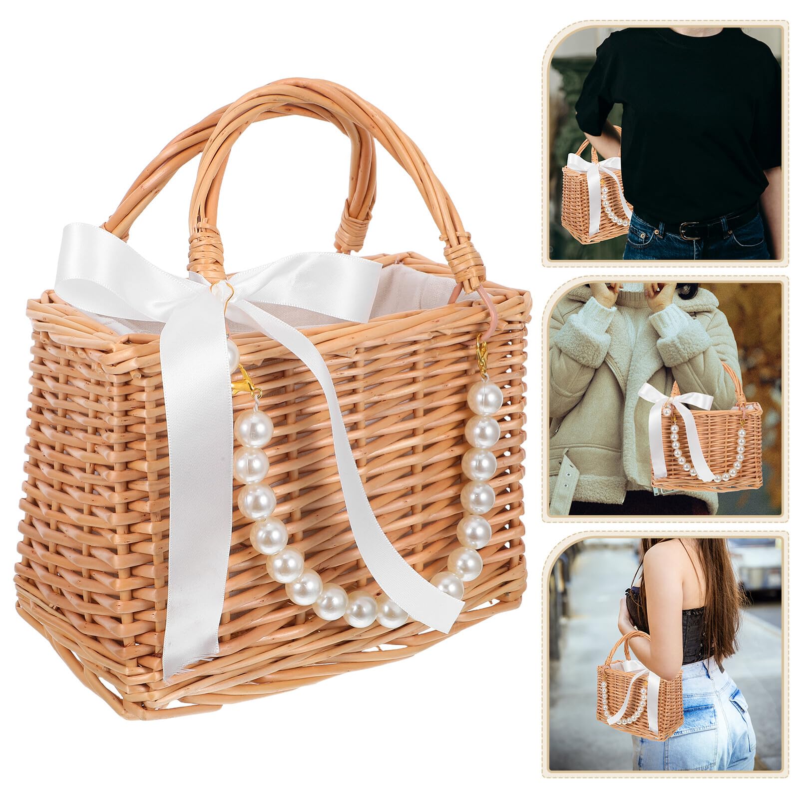 Handgefertigter Dekorativer Geflochtener Blumenkorb aus Weide mit Perlenkette und Schleifenband Elegante Geschenktasche für Hochzeitsfeiern und Partys