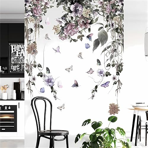 Miniatura 2 de Pegatinas de pared colgantes de peonía de petunia morada, mariposas y enredaderas, calcomanías de pared de flores de sacinora para pared, vinilo