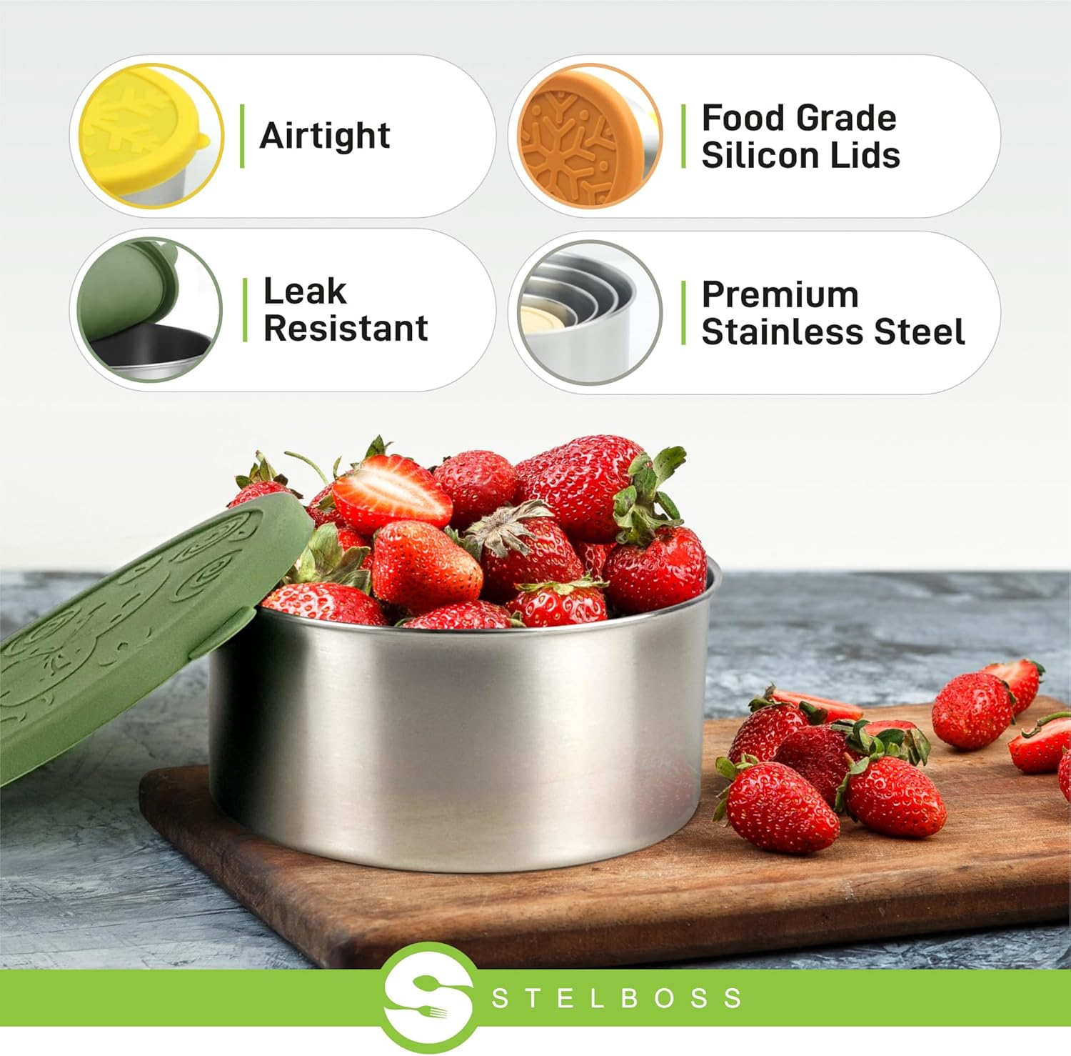 Stainless Steel Containers with Lids, Set of 5, Leakproof Stainless Steel Food Containers, Metal Food Storage Container, Stackable Toddler Snack Containers, Lunch Box Containers - Image 3