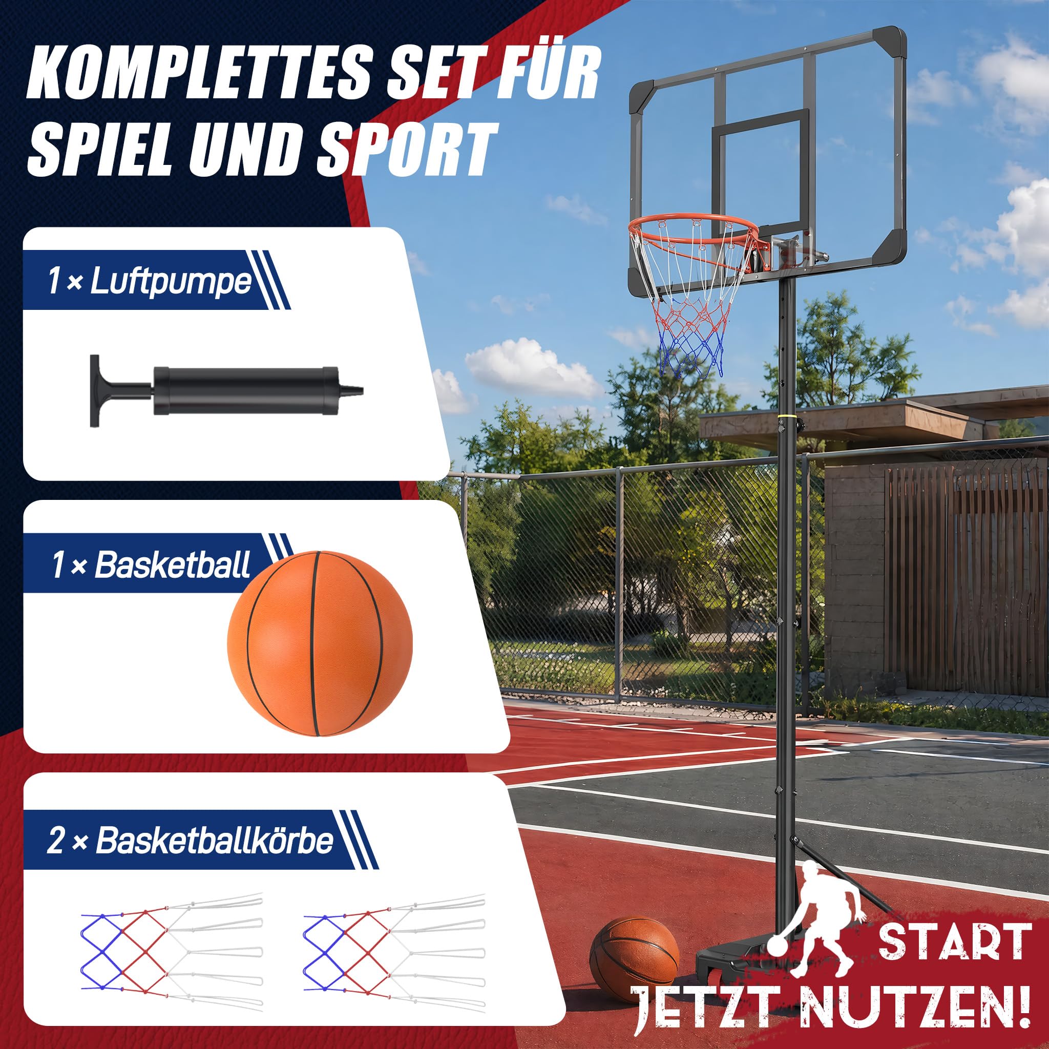 YRHome Basketballkorb PE-Rahmen Outdoor Basketballkorb Nachfüllbare Basis Basketballständer 150-260cm höhenverstellbar mit eingebaute Räder Für Erwachsene