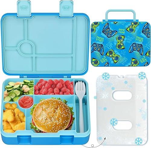 Miniatura 8 de Fiambrera Bento para niños con paquete de hielo, caja Bento a prueba de fugas de 5 compartimentos con utensilios, capacidad de 5.5 tazas para