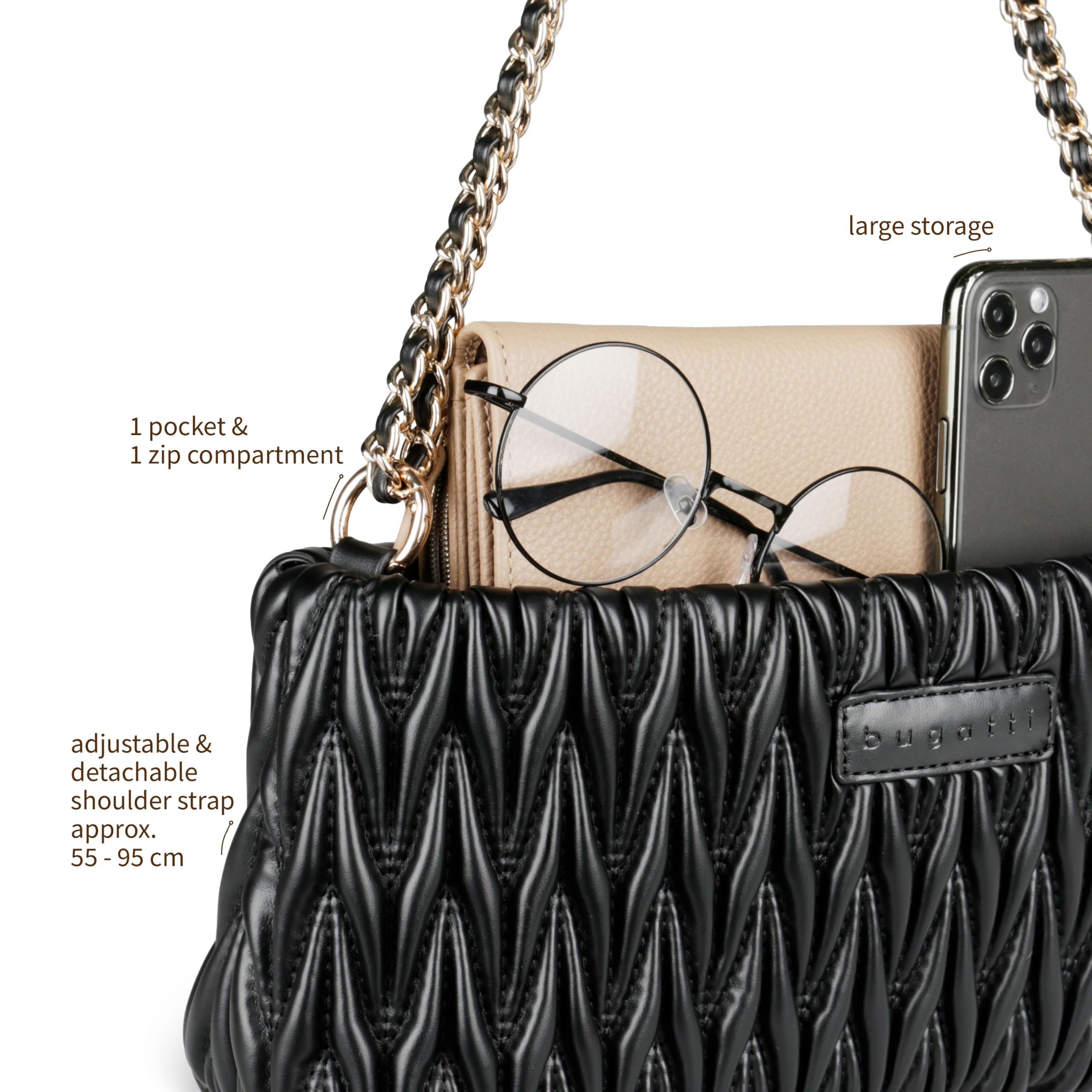 bugatti Mare 4.0 Damen-Handtasche aus Kunstleder, Schultertasche mit Kette, elegante Clutch in verschiedenen Größen und Farben