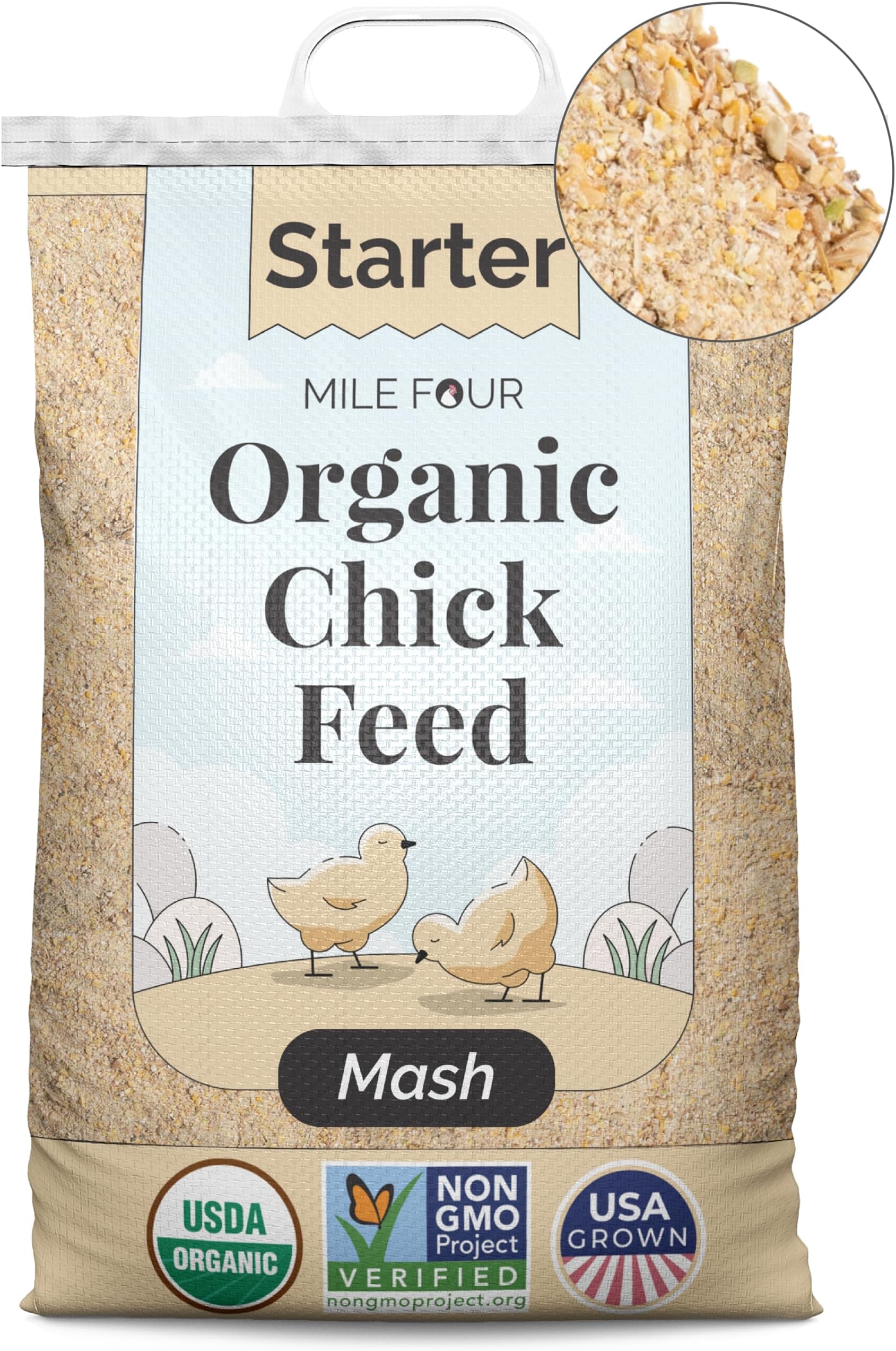Mile Four Organic Chicken Feed (23 lbs) Starter Chick Mash, Non-GMO, USA Grown, 21% Protein, Corn-Free, Soy-Free, Non-Medicated Chick Feed