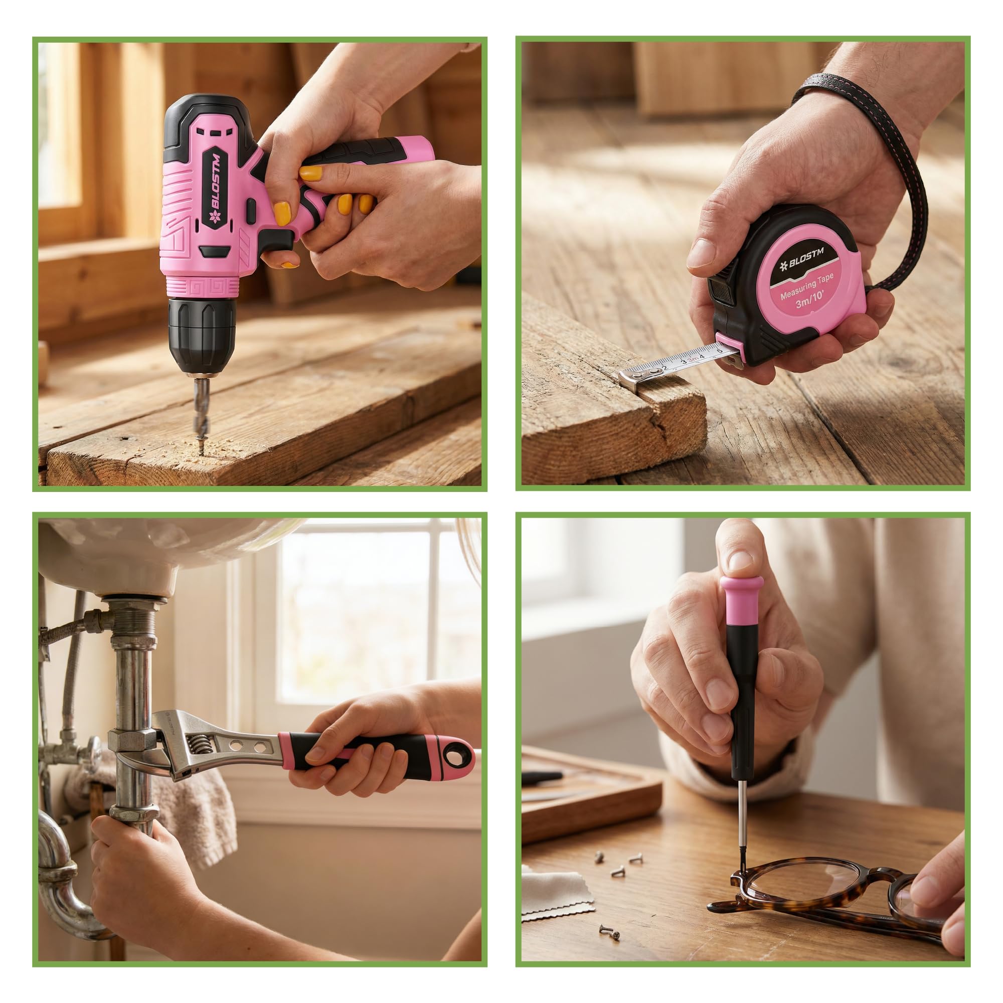BLOSTM Kit di 126 attrezzi rosa con trapano a batteria da 8 V e utensili manuali per fai da te, riparazioni domestiche, cassetta degli attrezzi portatile con cacciaviti, punte, pinze