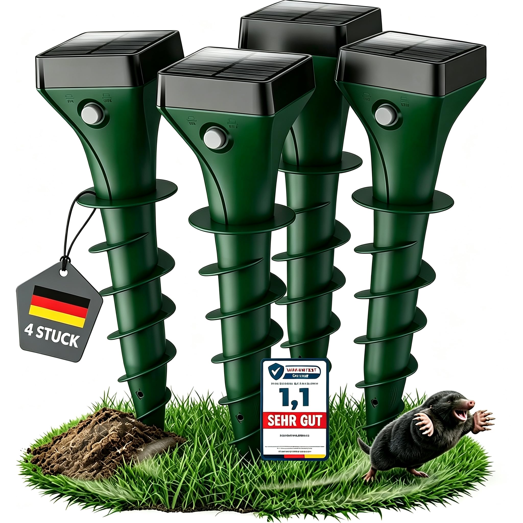 Confezione da 4 repellenti per talpe, vincitore del test, repellente solare per talpe, a ultrasuoni, per esterni, giardino, prato, impermeabile e silenzioso