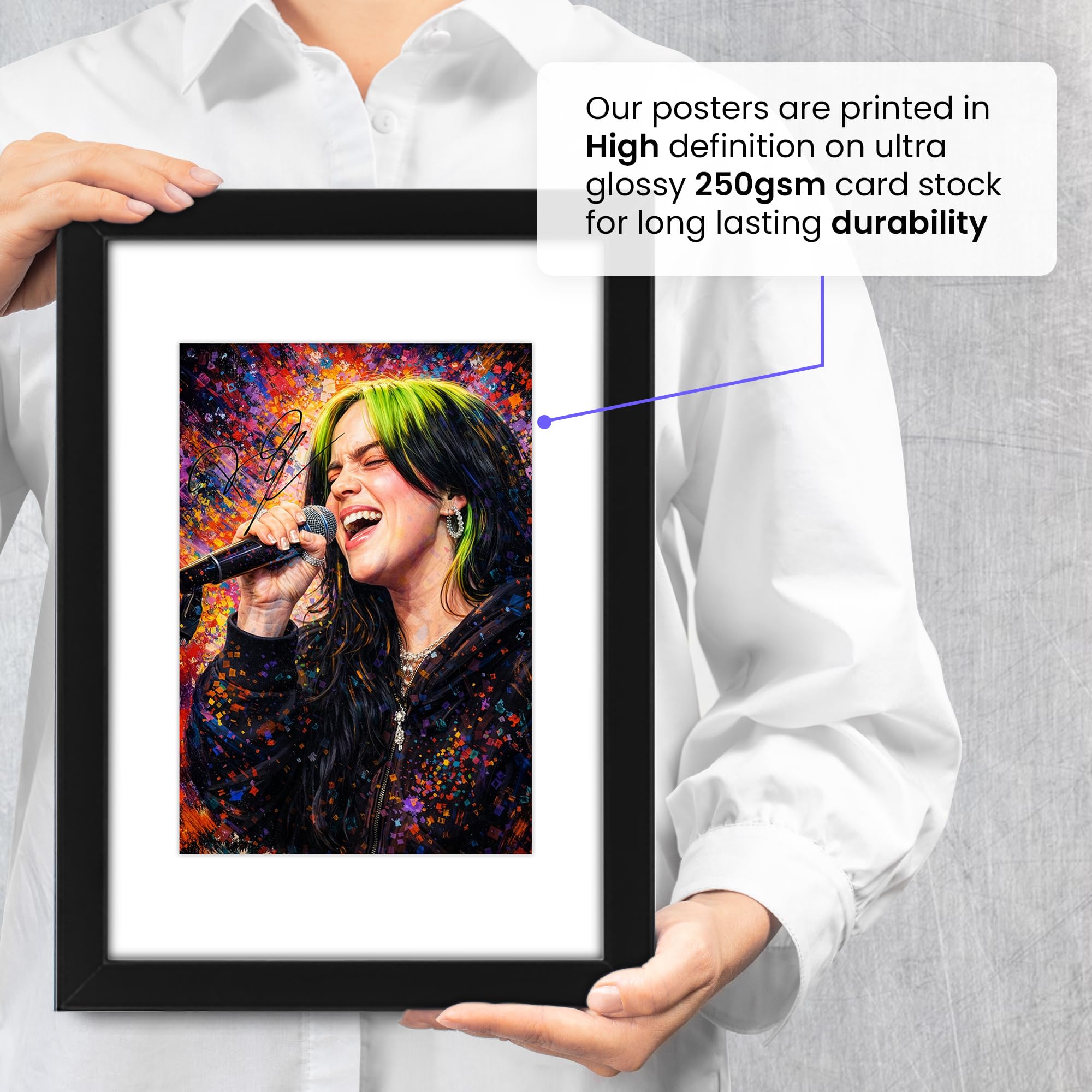 Poster con stampa autografata di Billie Eilish, in edizione limitata, idea regalo per i fan, memorabilia da collezione, formato A3, incorniciato con passepartout