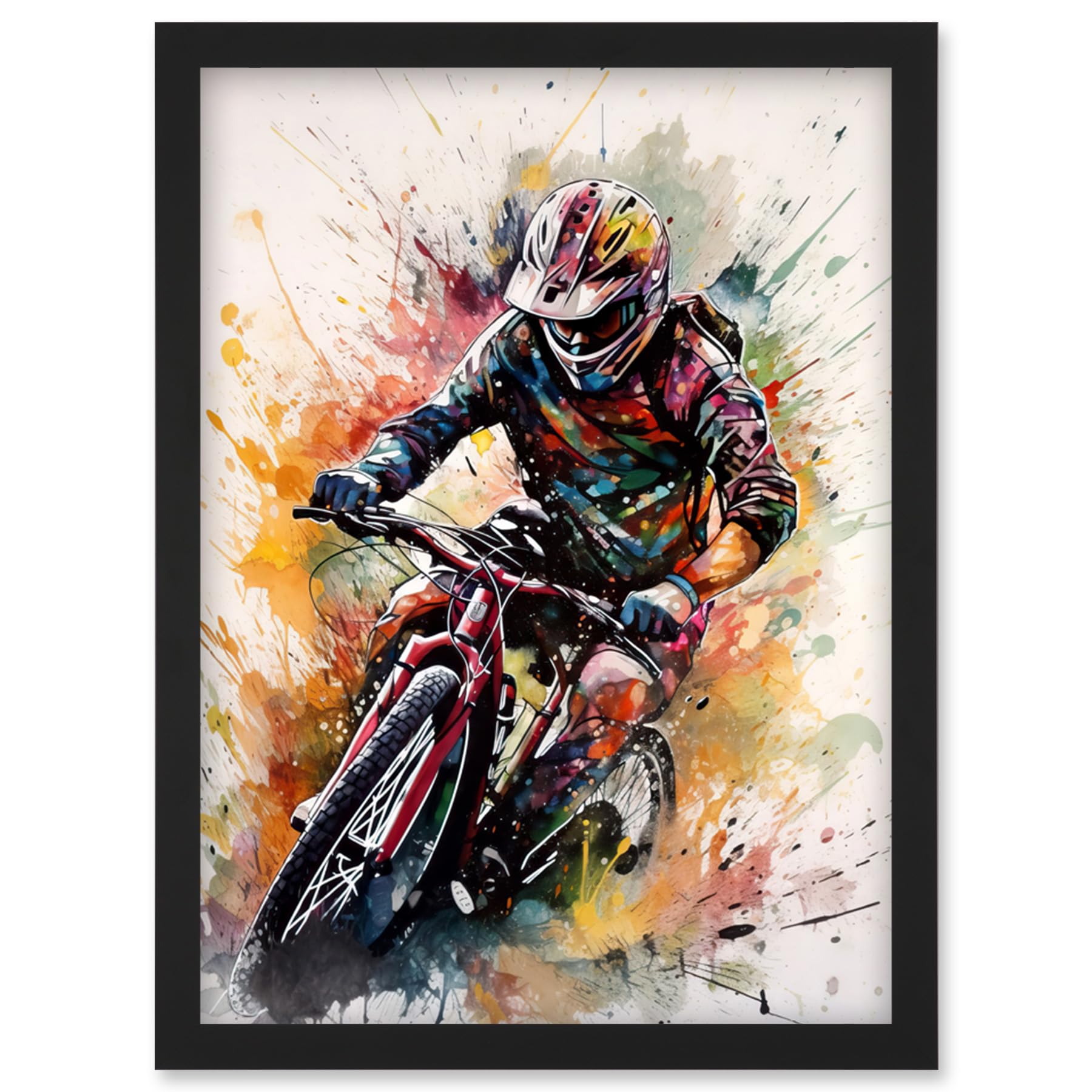 Mountain Biker Action Shot Paint Splat Framed Wall Art Print - A4 Size - Artery8