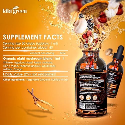 Miniatura 8 de KIKI Green Paquete de 8 hongos en polvo y extracto líquido, complejo de suplementos de hongos para concentración y energía, melena de león, chaga,