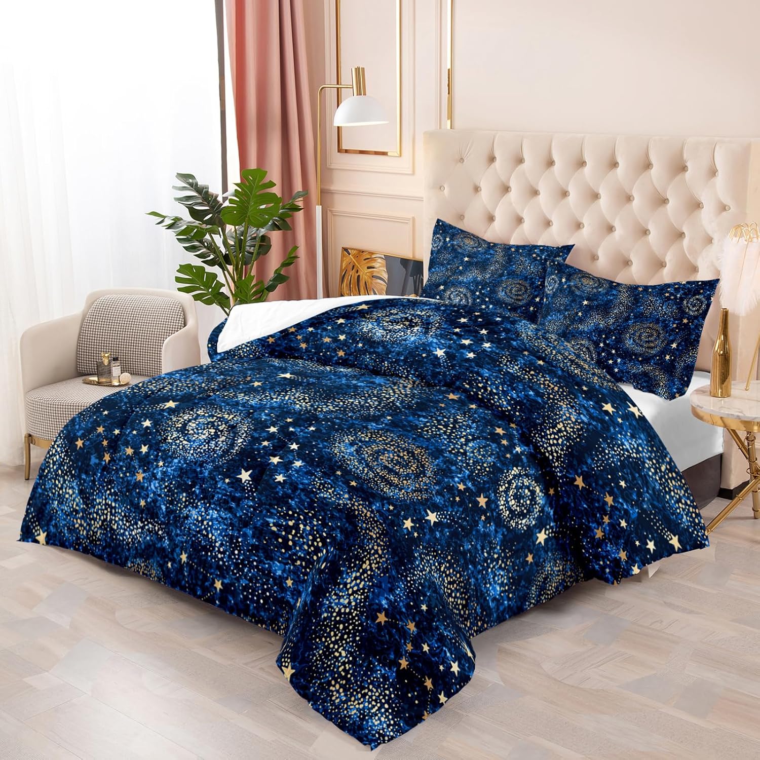Nttopship Starry Sky Print Comforter Set Queen Size,Blue Starry Sky Golden Stars Bedding Set,Interstellar Printed Quilted Set for Teens Boys Adult,with 1 Comforter and 2 Pillow Case