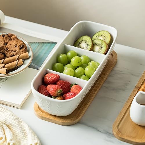 Miniatura 7 de Juego de servir chips y salsa con bandeja de madera de acacia, tortugas de salsa de mayólica, bandeja de condimentos para aperitivos, aperitivos,