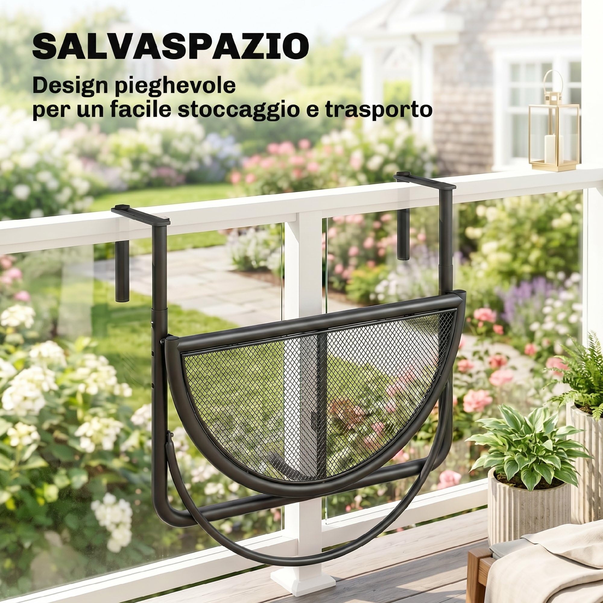 Outsunny Tavolino da Appendere alla Ringhiera del Balcone Regolabile in Altezza Ferro 60 x 45 x 50 cm Nero