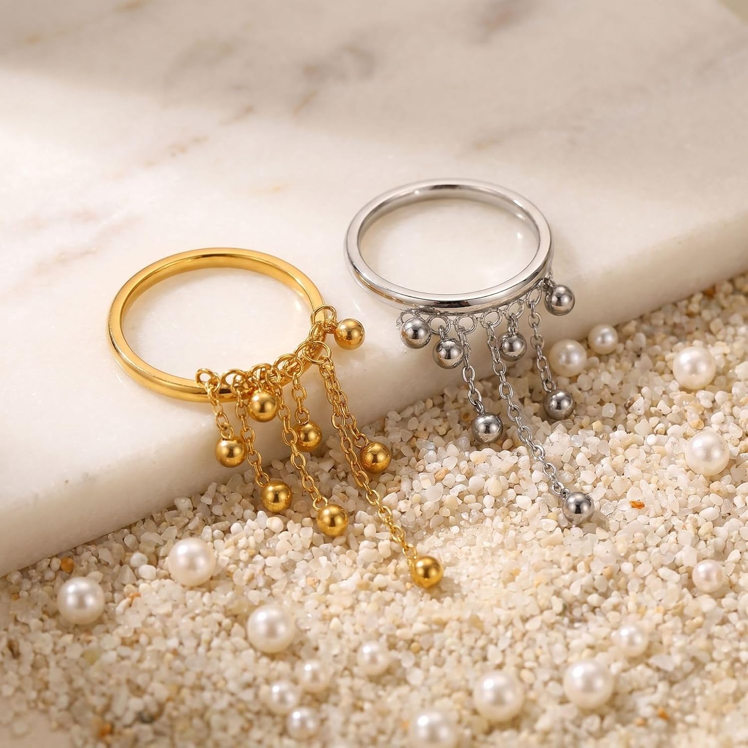 Tiny Ball Tassel Dangle Stacking Thin Band Ring for Women - 18K Golden Plated Stainless Steel Hanging Round Beads Chain Statement Knuckle Finger Rings Band Fashion Birthday Jewelry Size 7