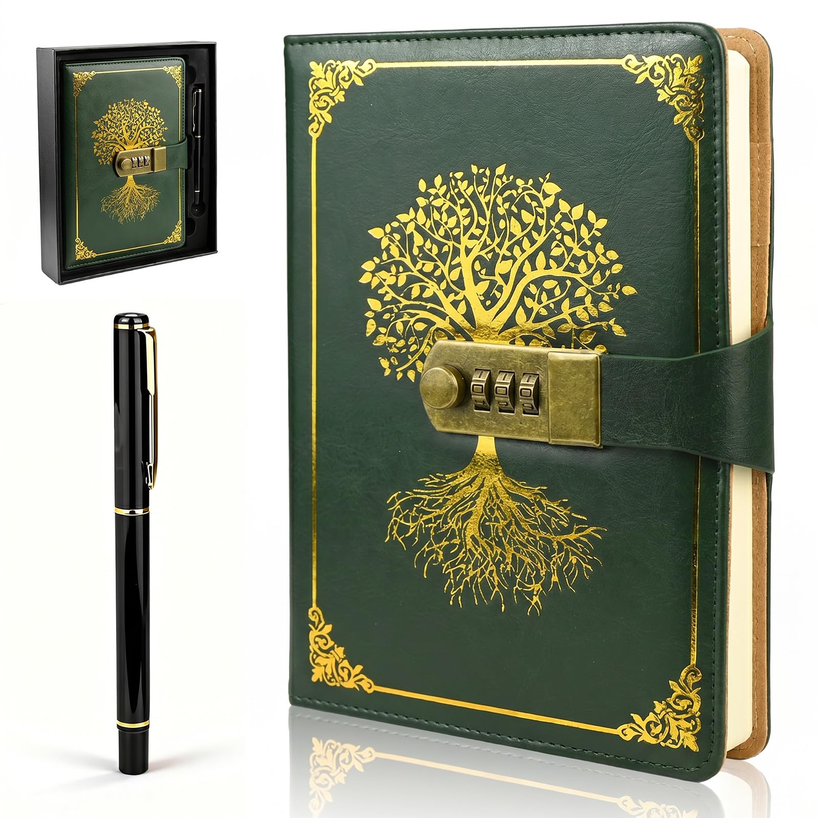 twirush A5 Diary with Lock, Vintage PU Leather Journal With Lock, 300 Pages Lined Paper Password Notebook with Pen & Gift Box, Secret Diary Lockable Journal for Women, Girls, Men, Students (Green)