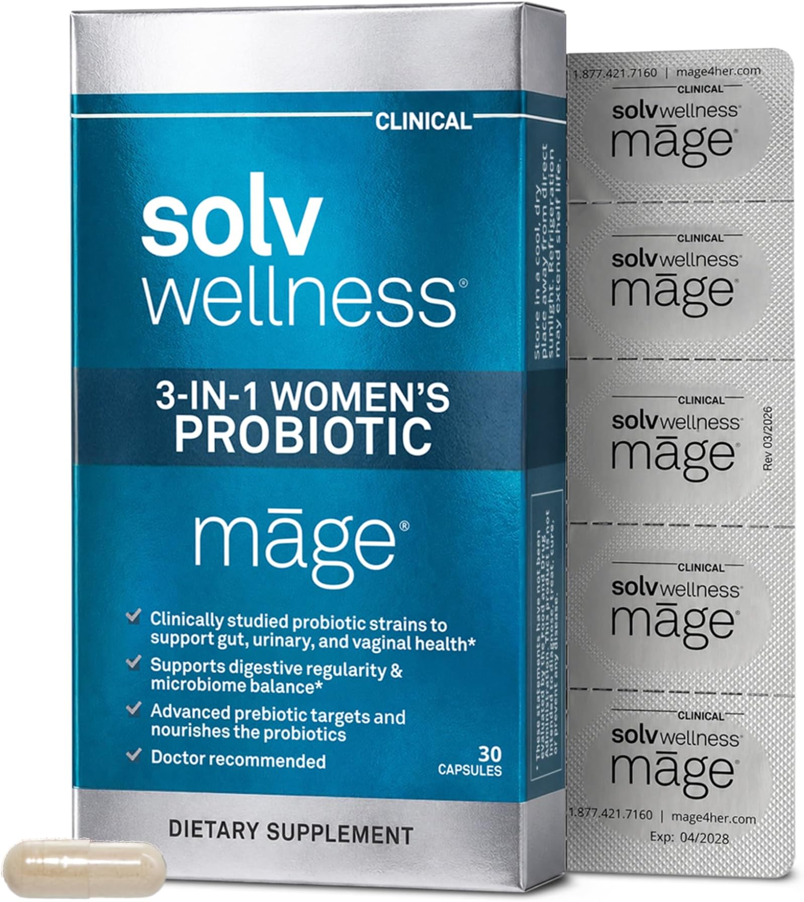 - Solv Wellness Mage Probiotic for Her, Daily Womens Prebiotic and Probiotics Blend Nutritional Supplements for Digestive, Vaginal PH Balance, Urinary Tract Health Support, 30 Capsules
