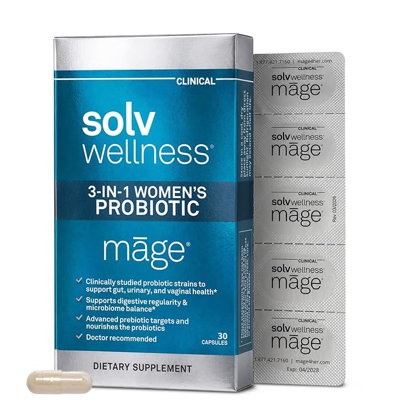 Solv Wellness Mage — Suplemento prebiótico e probiótico para mulheres com Lactobacillus acidophilus La-14, Bacillus subtilis DE111®, Lactobacillus rhamnosus HN001, Bifidobacterium lactis HN019 e PreforPro®, 30 cápsulas