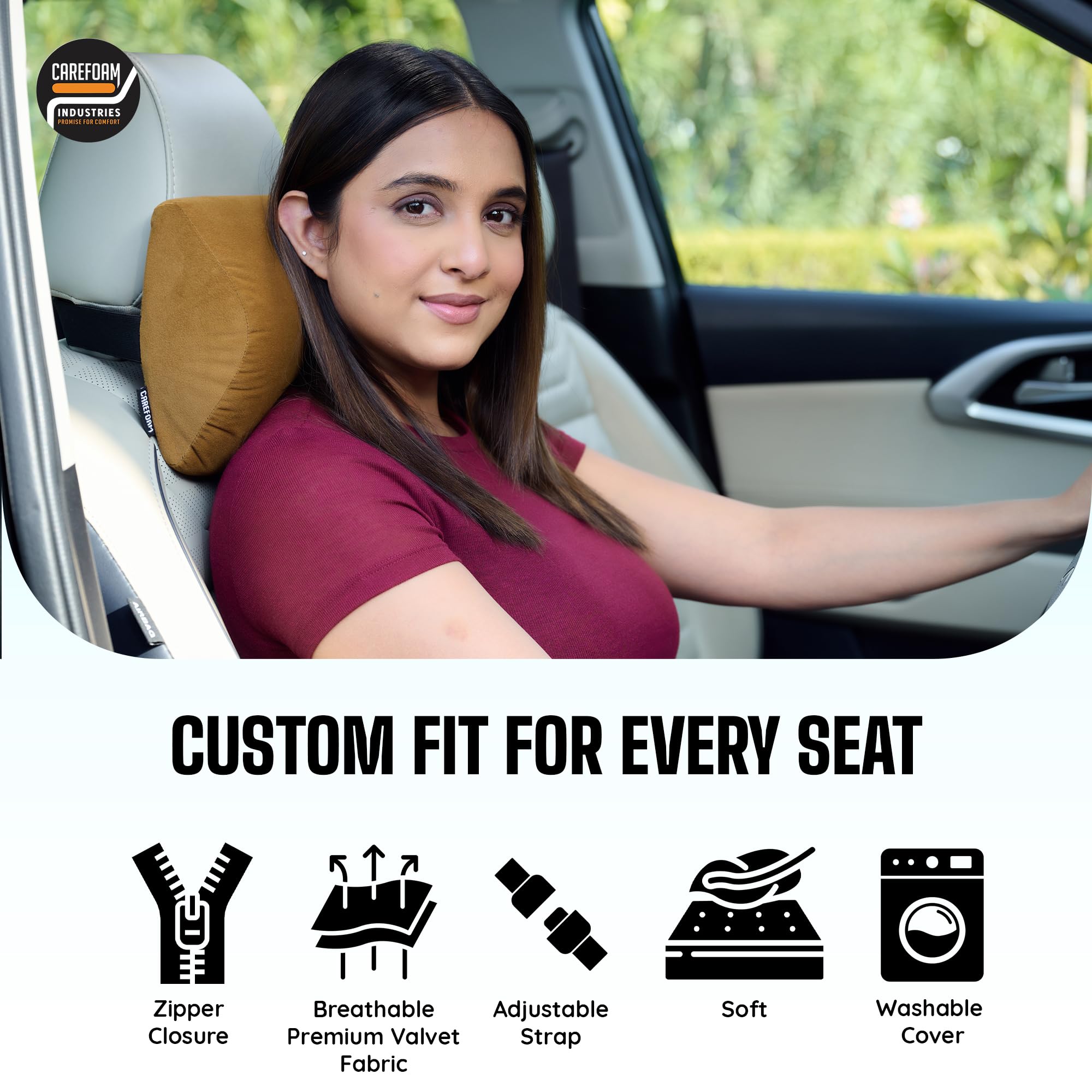 CareFoam Ultimate Memory Foam Car Neck Rest Pillow, Comfortable Rides, Superior Neck Support Cushion, Relieves Neck Pain, Tan Velvet Cover | 14 x11 x5 Inch | Small Pack of 1 2