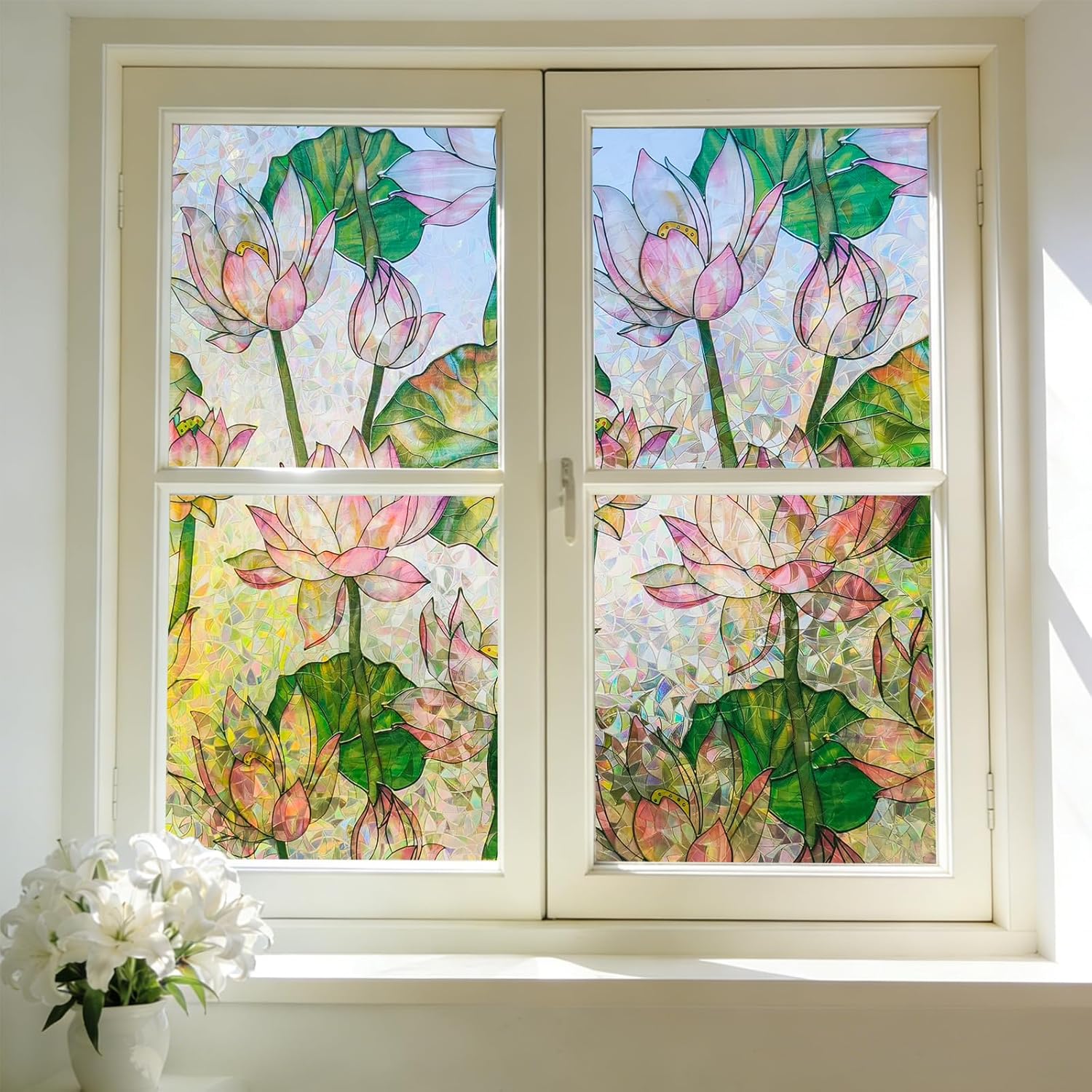 Lotus Window Privacy Film, Stained Glass Rainbow Window Film, Decorative Static Cling Frosted Glass Film, No Glue Privacy Window Cling for Bathroom Home UV Blocking, 23.6''x78.7''