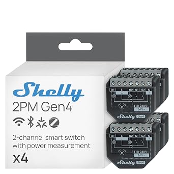 Shelly 2PM Gen4 - Wi-Fi Smart Relay Switch, 2 Channels, 16A Total, Power Metering, Home Automation, Roller Shutter Remote Control, No Hub Required, Matter, Alexa, Google, HomeKit, Zigbee 4 Pack