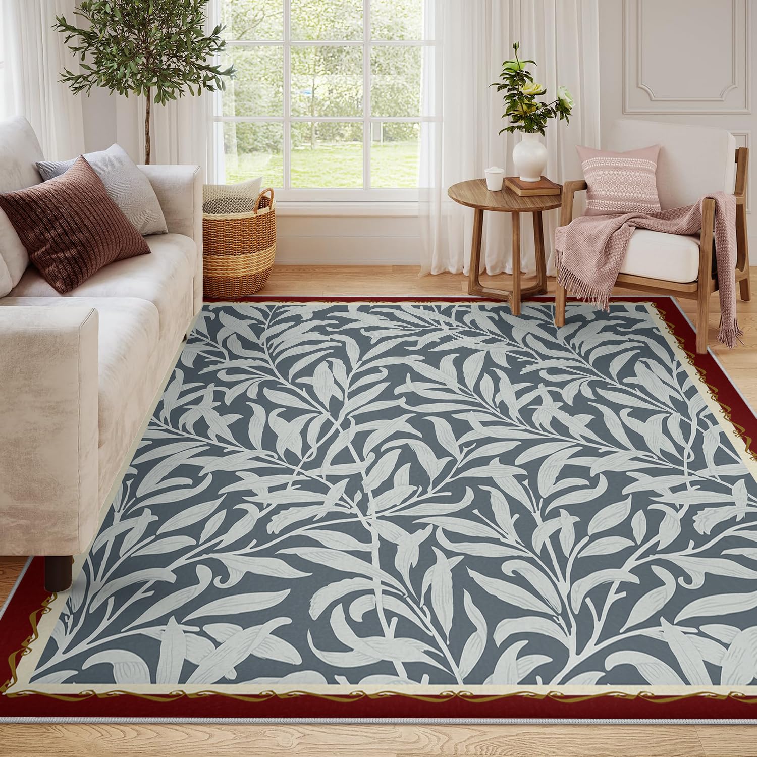 Tapis de salon doux bleu au design raffiné de feuilles de saule