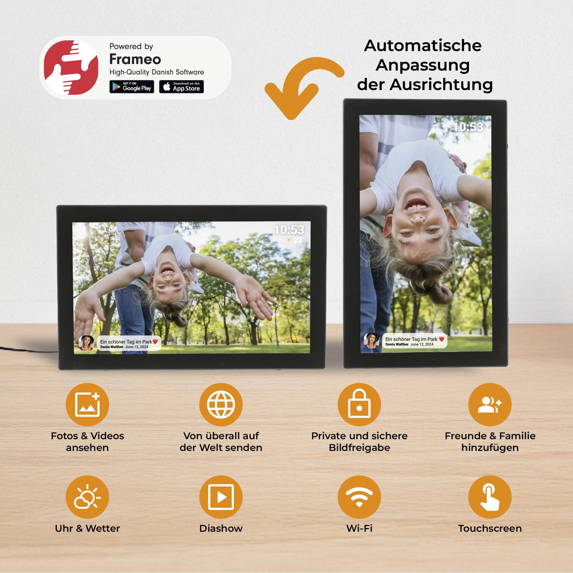 Denver PFF-2160 Digitaler Wi-Fi Bilderrahmen – 21,5 Zoll Full HD IPS Touchscreen, Integrierte FRAMEO Software, Dual-Band Wi-Fi, Timer-Funktion, Wandmontierbar, Schwarz | Full HD IPS Touchscreen, Integrierte FRAMEO Software, Dual-Band Wi-Fi, Timer-Funktion