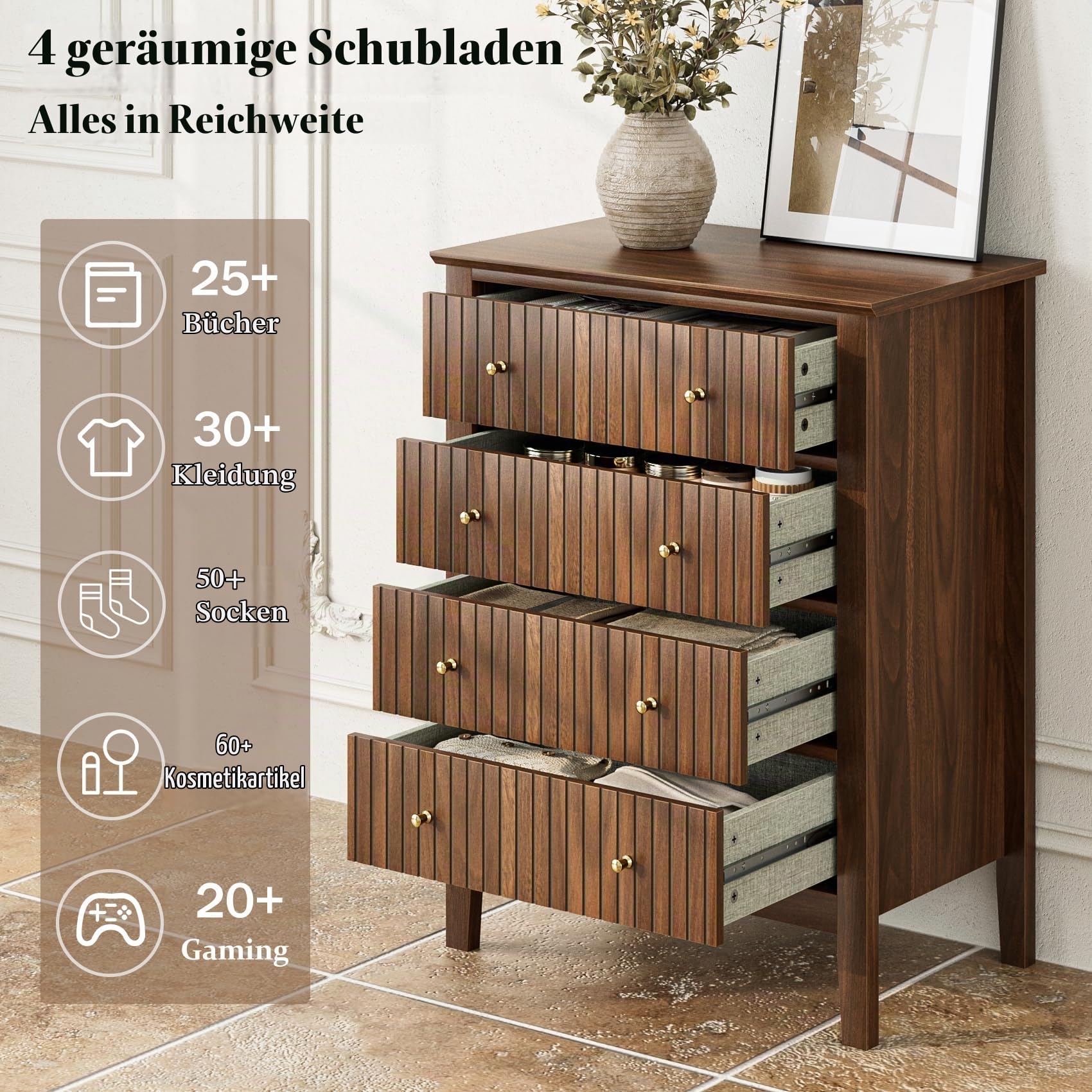 Kommode mit 4 Schubladen, Sideboard Holzkommode, Schubladenschrank für Büro, Wohnzimmer, Schlafzimmer, Küche, Nussbaum