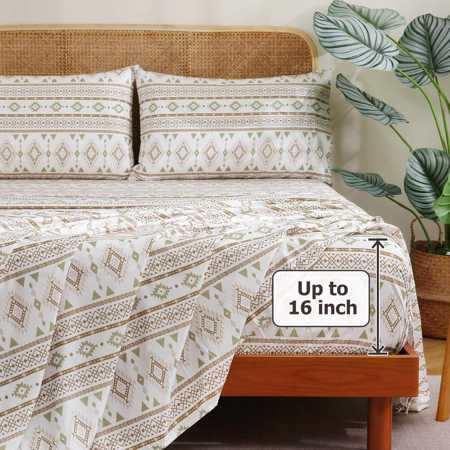 4 Pieces Queen Sheet Set Bohemian, Boho Sheets Soft Microfiber Deep Pocket, Western Sheets Geometric(Queen, Cream Olive Geometric) - Image 4
