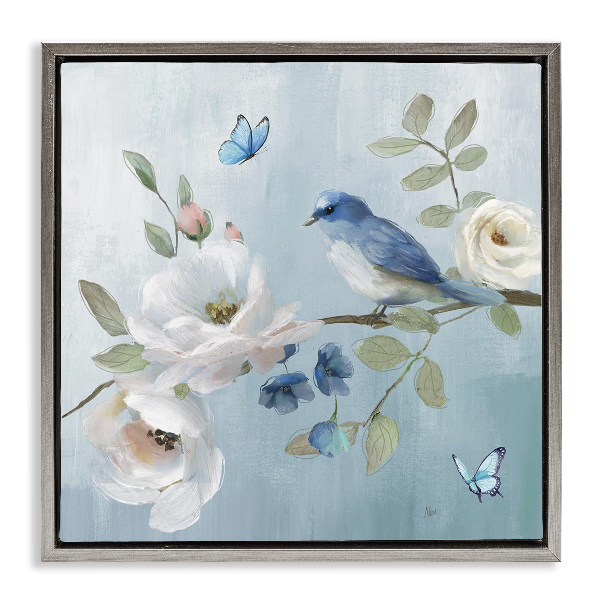 Stupell Industries 'Pastel Blue Bird Blooms', Floating Frame Canvas Art, Gray, 18 x 18 Inches, Easy to Hang and Sturdy, Made in USA, by Nan