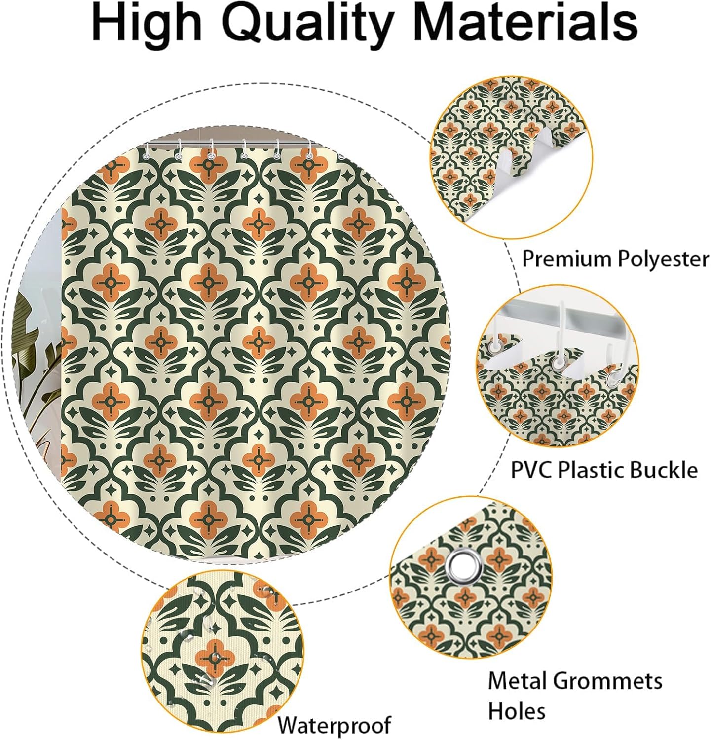 Vintage Boho Floral Shower Curtain，Mid Century Modern Abstract Orange Green Bathroom Curtain，Polyester Fabric Waterproof Bath Curtains 72x78 Inch with 12 Hooks
