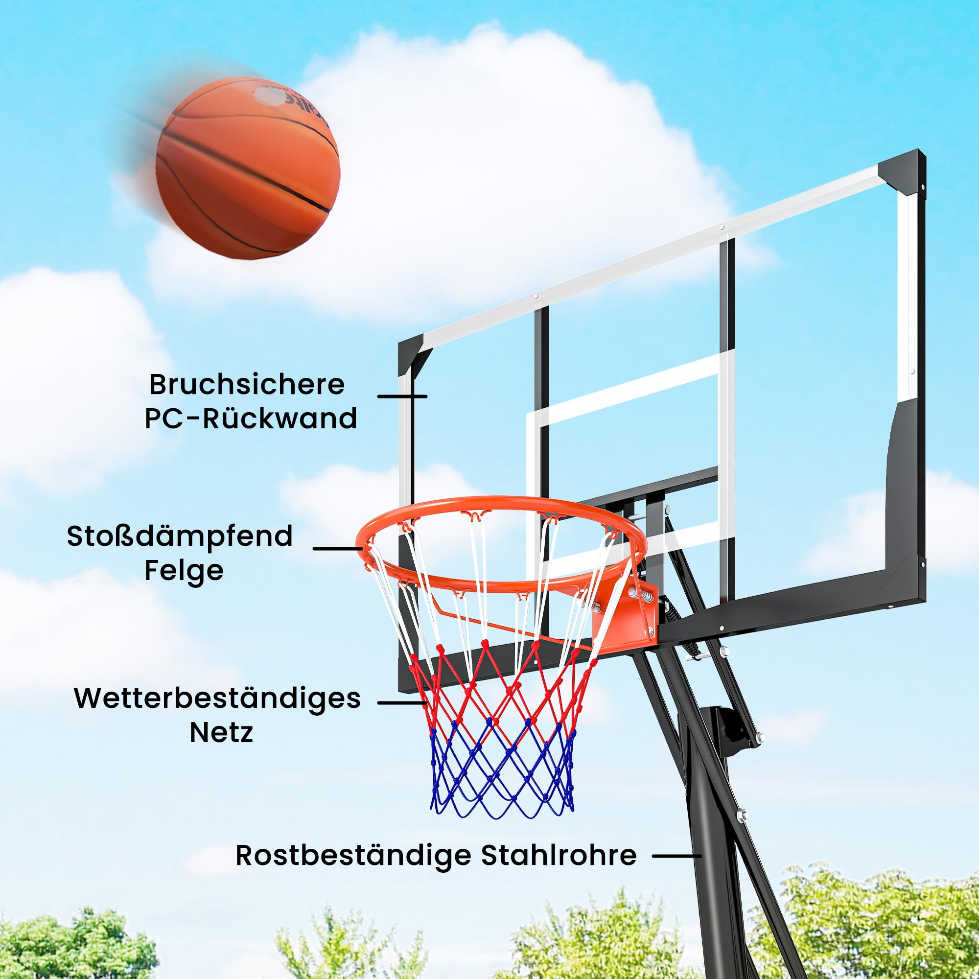 SPORTNOW Basketballkorb Outdoor 245-305cm Höhenverstellbar Basketballständer 120x80cm bruchsichere Rückwand Rädern befüllbarer Standfuß Mobile Basketball Korb
