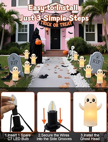 Miniatura 4 de Paquete de 4 luces de camino de fantasmas de Halloween, 7 pies, luces de estaca iluminadas de Halloween para decoración al aire libre, fantasmas