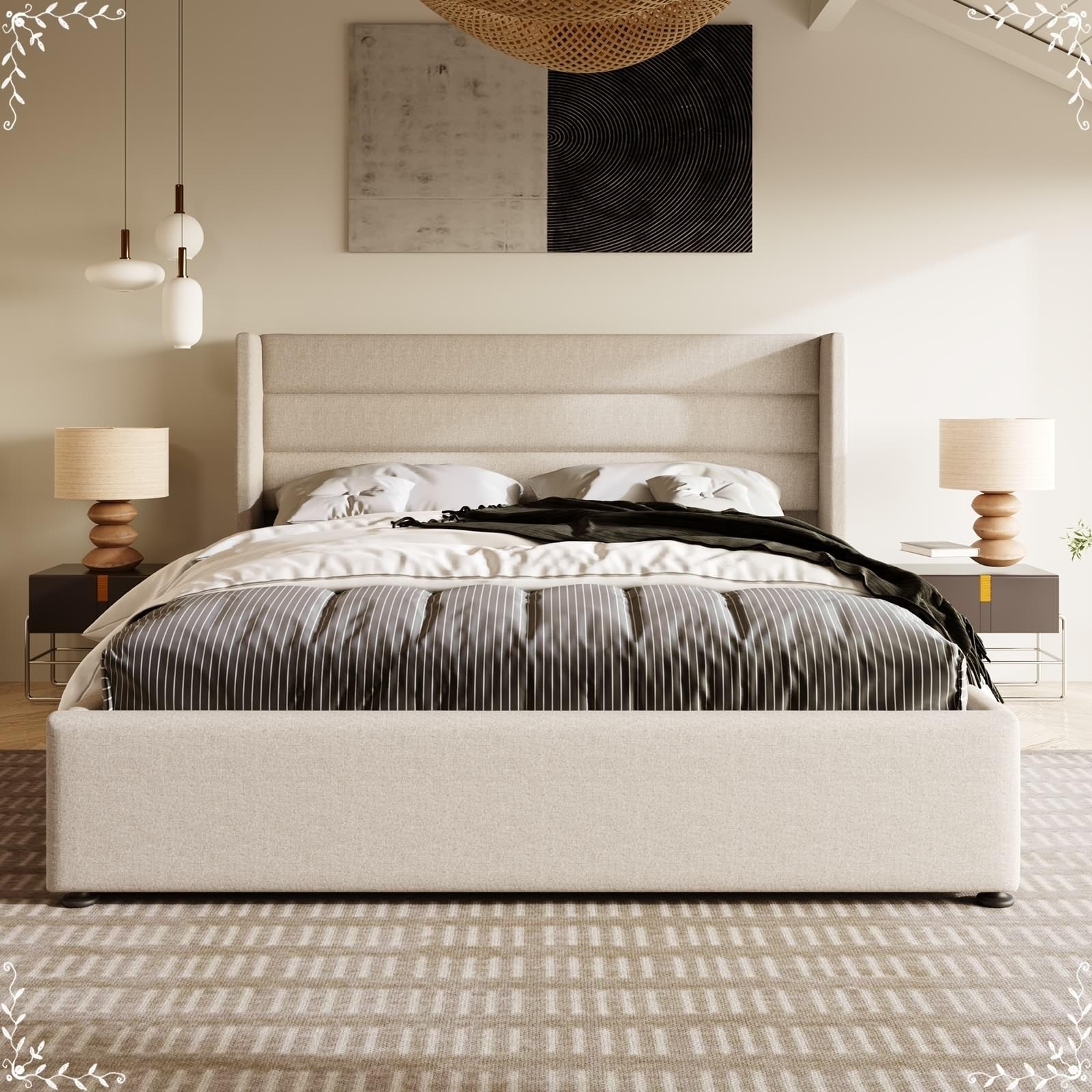 Daesar Letto Matrimoniale Moderno 160x200, Giroletto Contenitore Idraulico con Rete A Doghe In Metallo e Testiera, Letti Imbottiti Cameretta In Lino, Beige (Senza Materasso)
