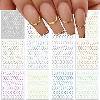 Line Nail Stickers for Nail Art, 12 Sheets French Tip Nail Decals Self Adhesive 3D Nail Art Supplies Colorful Curve Stripe...