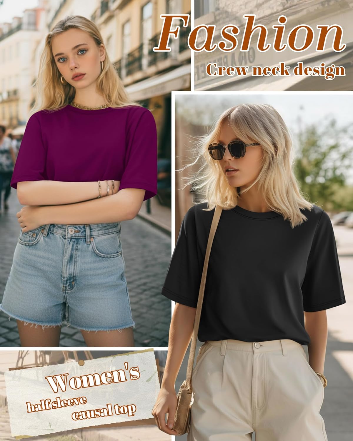 Huukeay 3 Pack Women's Half Sleeve T-Shirts, Crew Neck Elbow Length Tops Loose Casual Basic Tees Summer Tunic Tops - Image 4