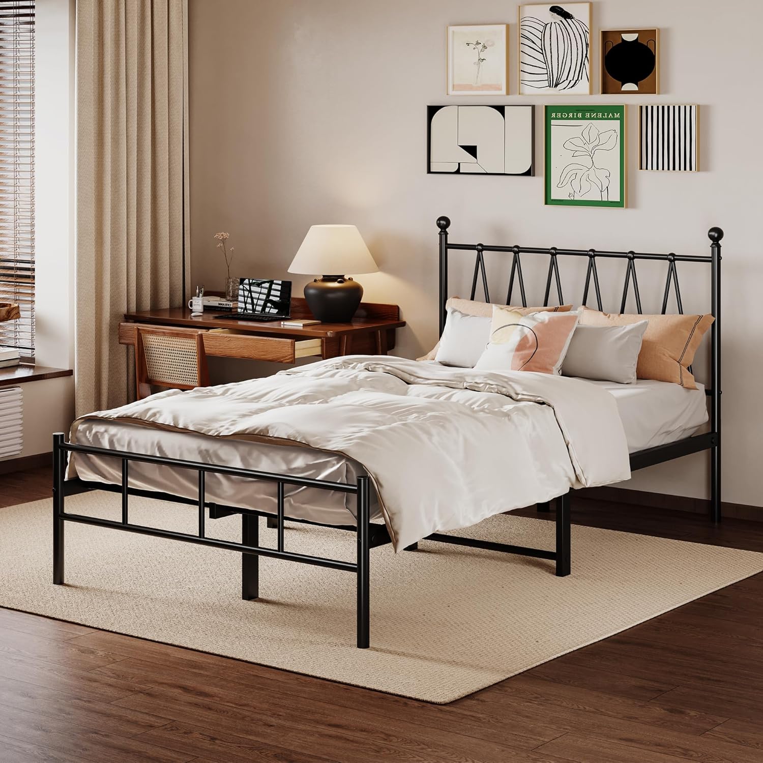 Homeiju Twin Size Bed Frame with Headboard, Heavy-Duty Platform with Metal Slats Support, No Box Spring Needed/Easy Assembly, Matte Black Twin 79'L x 40'W INCH