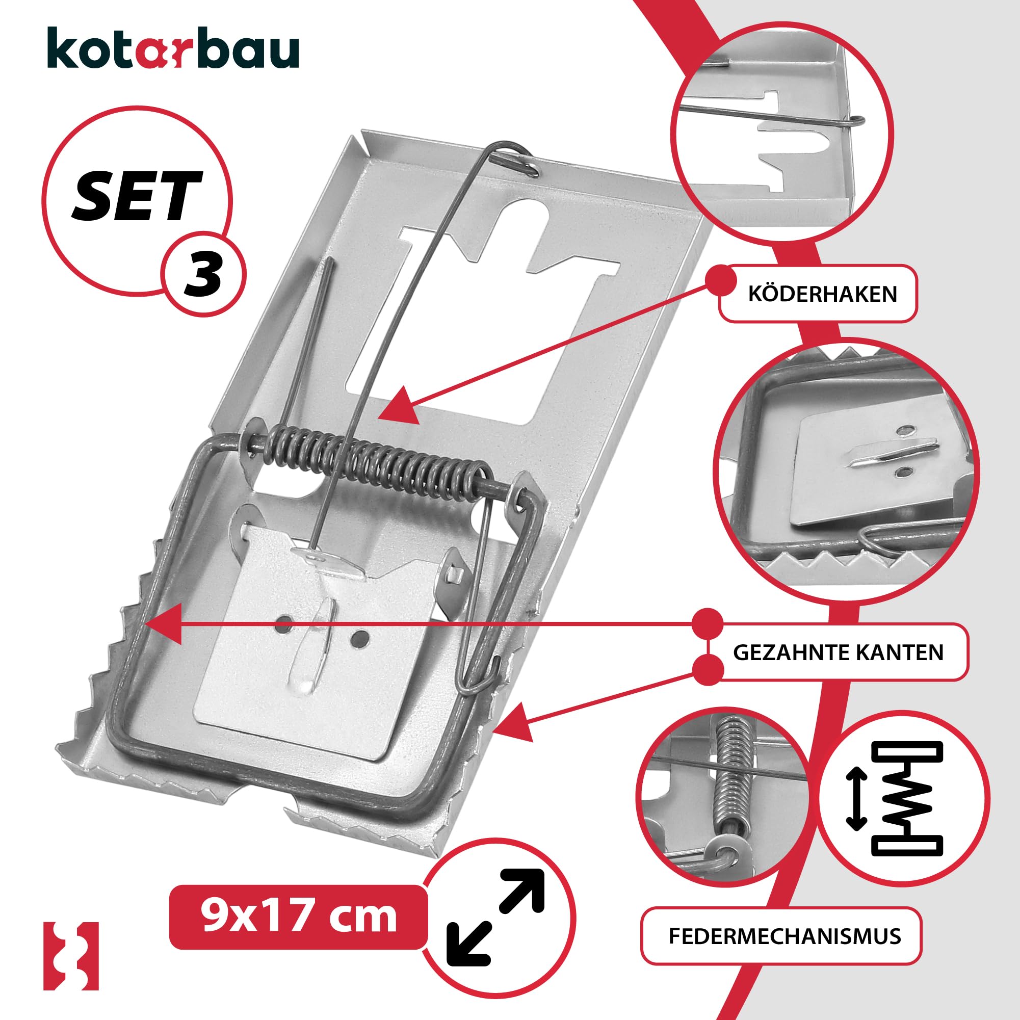 KOTARBAU® Zestaw 3 pułapek na szczury o dużej sile uderzenia dla dużych gryzoni 170 x 90 mm