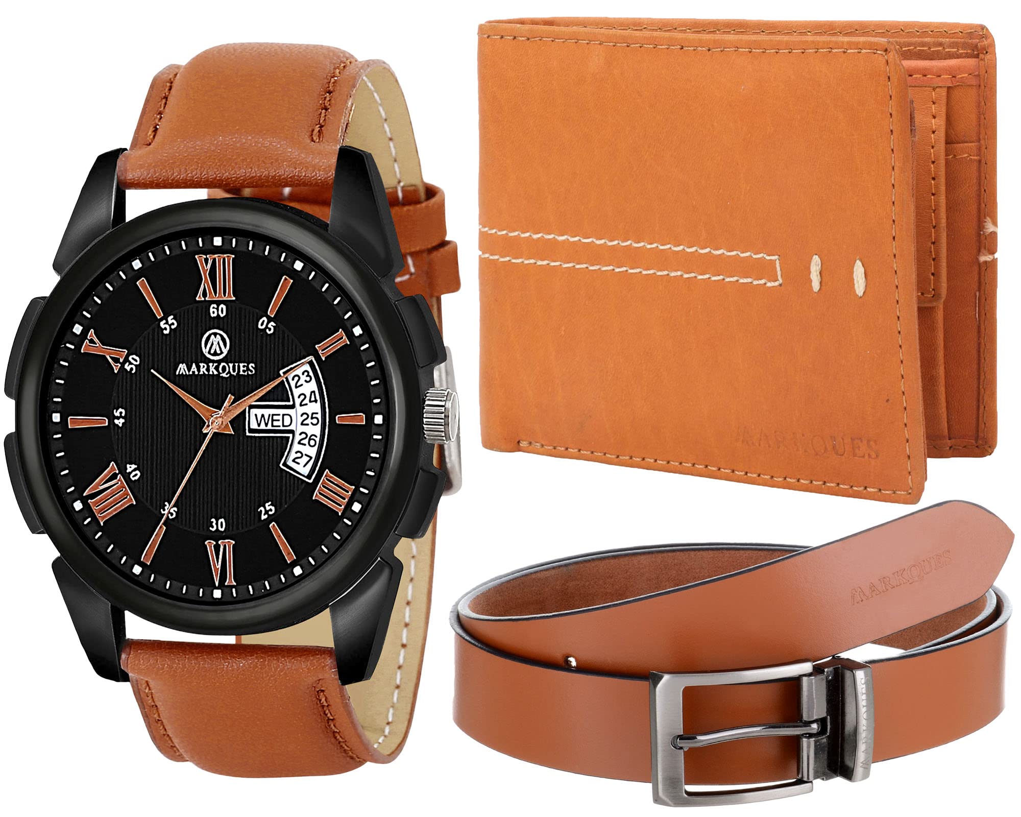 MARKQUES Day & Date Mens Watch, Leather Wallet and Belt 3 in 1 Combo Gift Set for Men and Boys (IND-770104-VIN-04-EXE-04) (B0B4B9D1M1) Amazon Price History, Amazon Price Tracker