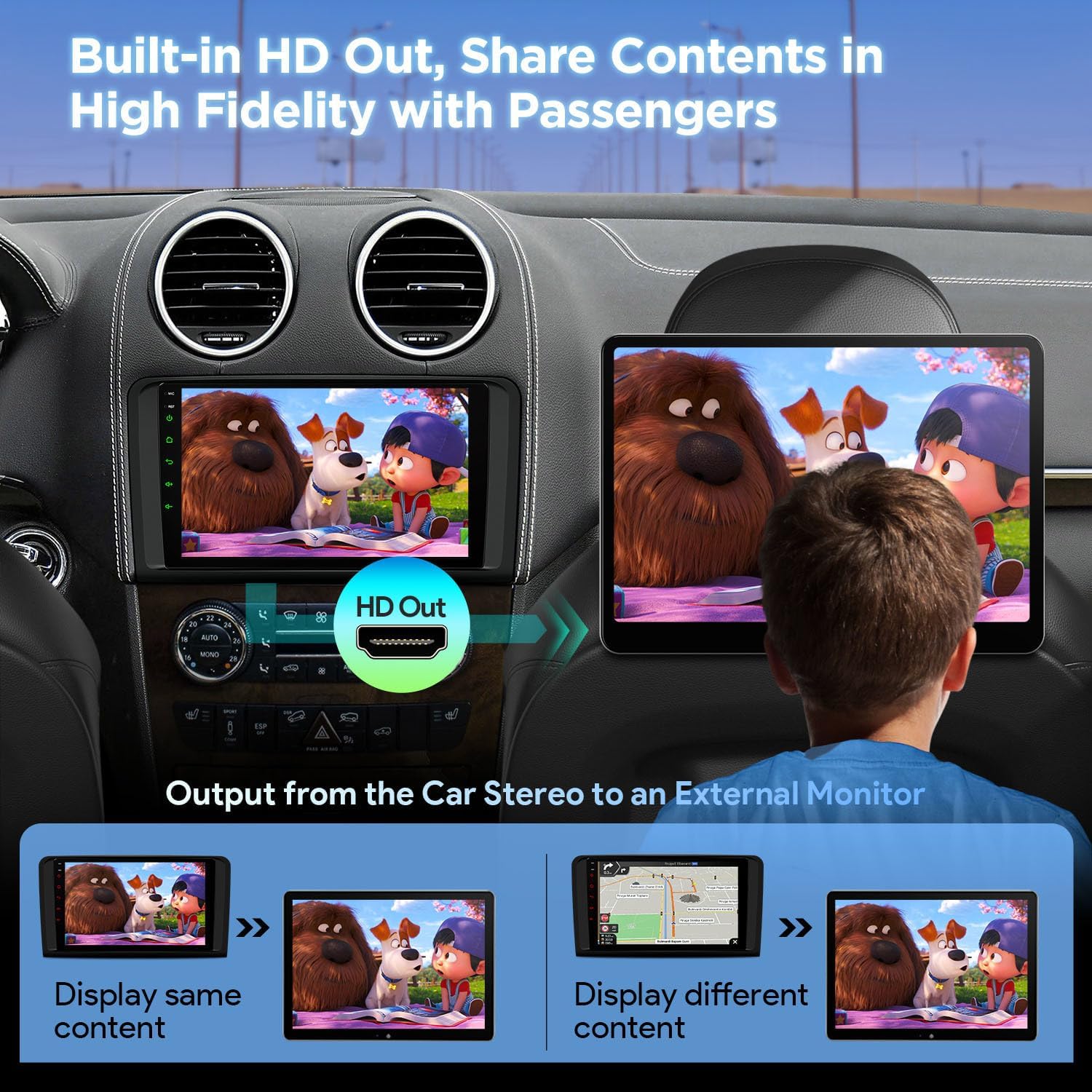Car stereo with HDMI output connected to an external monitor, showing content sharing.