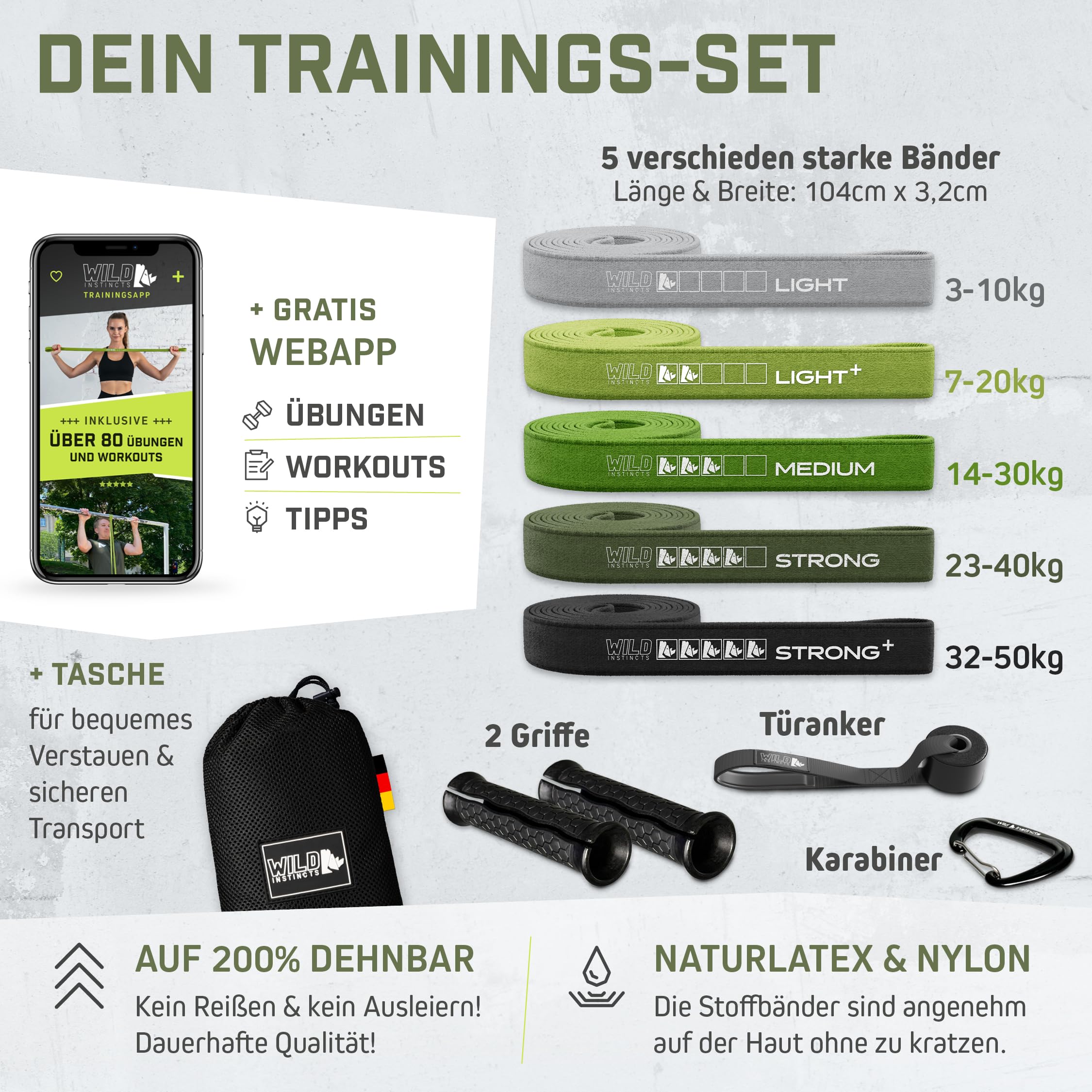 Wild Instincts Fitnessbänder aus Stoff/Widerstandsbänder Lang/Gymnastikband Stoff/Fitnessbänder Lang/Trainingsbänder/Long Resistance Bands/Sportbänder Fitness
