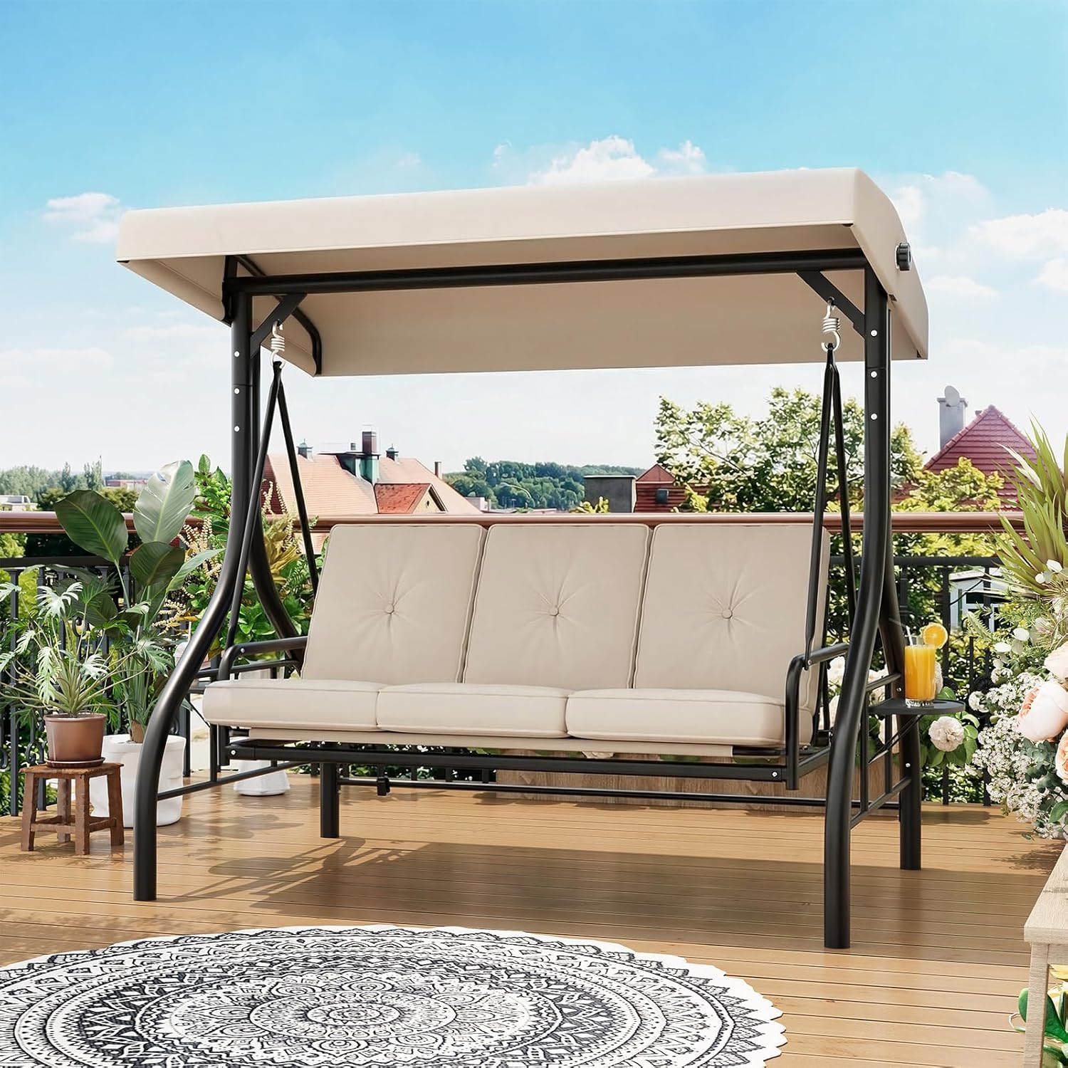 3-Seat Outdoor Porch Swing with Adjustable Canopy, Convertible Patio Swing Bed with Stand, Thick Cushions & Cup Holders, Weather-Resistant for Backyard, Garden, Porch - Beige