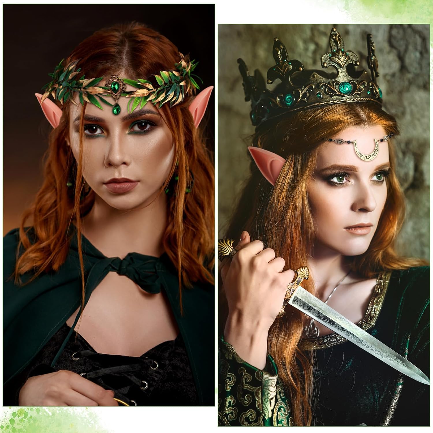 Landical 6 Sets of Halloween Elves Cosplay Set Woodland Elf Flower Crown Elf Ears Cuffs Fairy Flower Headband Elf Ears Forest Leaf Circlet Elven Wreath for Women Renaissance Cosplay Wedding Party