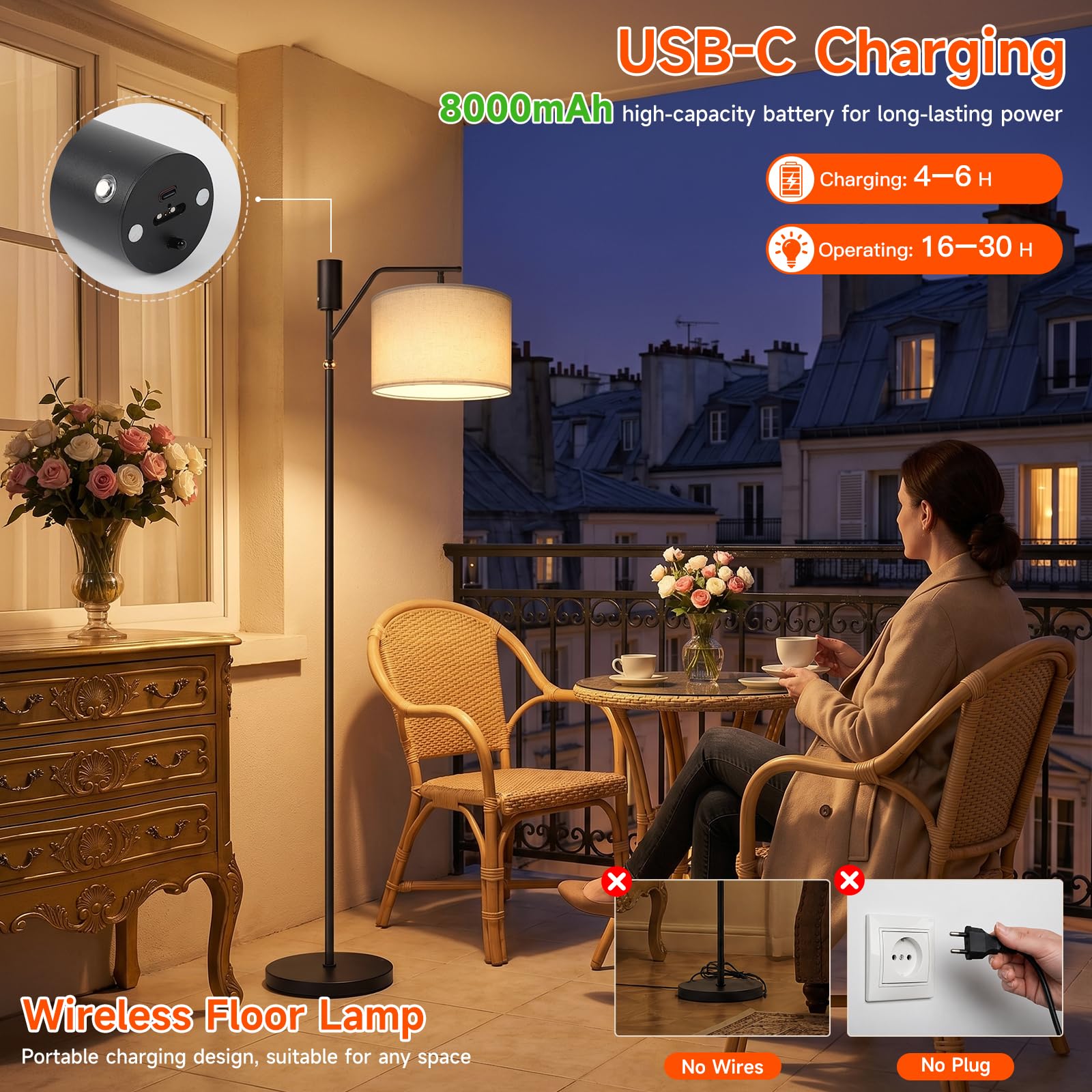 Ketom Akku Stehlampe mit Fernbedienung, LED Stehlampe Wohnzimmer Dimmbar | 3 Farbtemperatur, Timing, Stehlampen mit Schirm, Stehleuchte Kabellos Vintage, für Büro Schlafzimmer