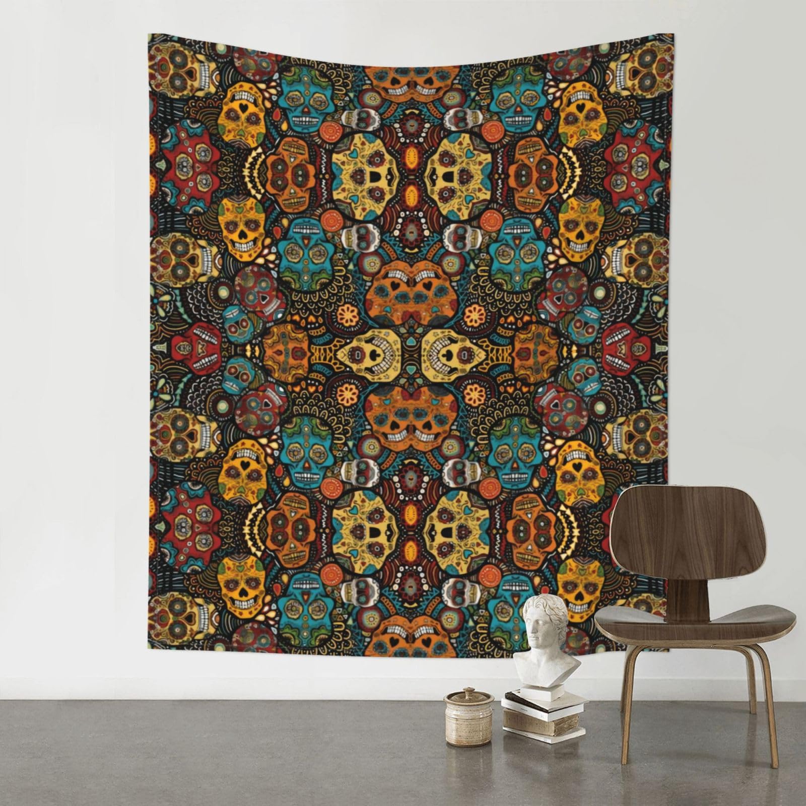 WHJSHOP Colorful Sugar Skulls Prints Original Wall Tapestry 60x51in – Boho Throw Blanket for Dorm Decor, Beach Picnic, & Bedroom Layering