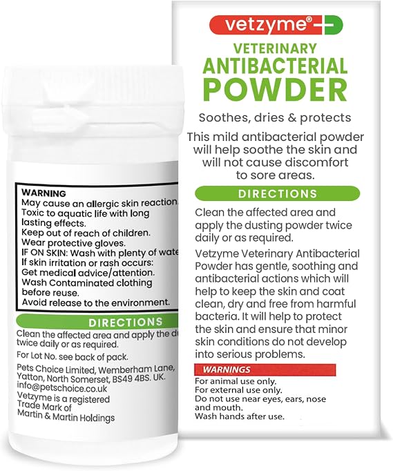 Vetzyme Veterinary Antibacterial Powder for Dogs, Cats and Small Pets - Gently Soothes, Dries and Protects the Skin From Harmful Bacteria (40g)
