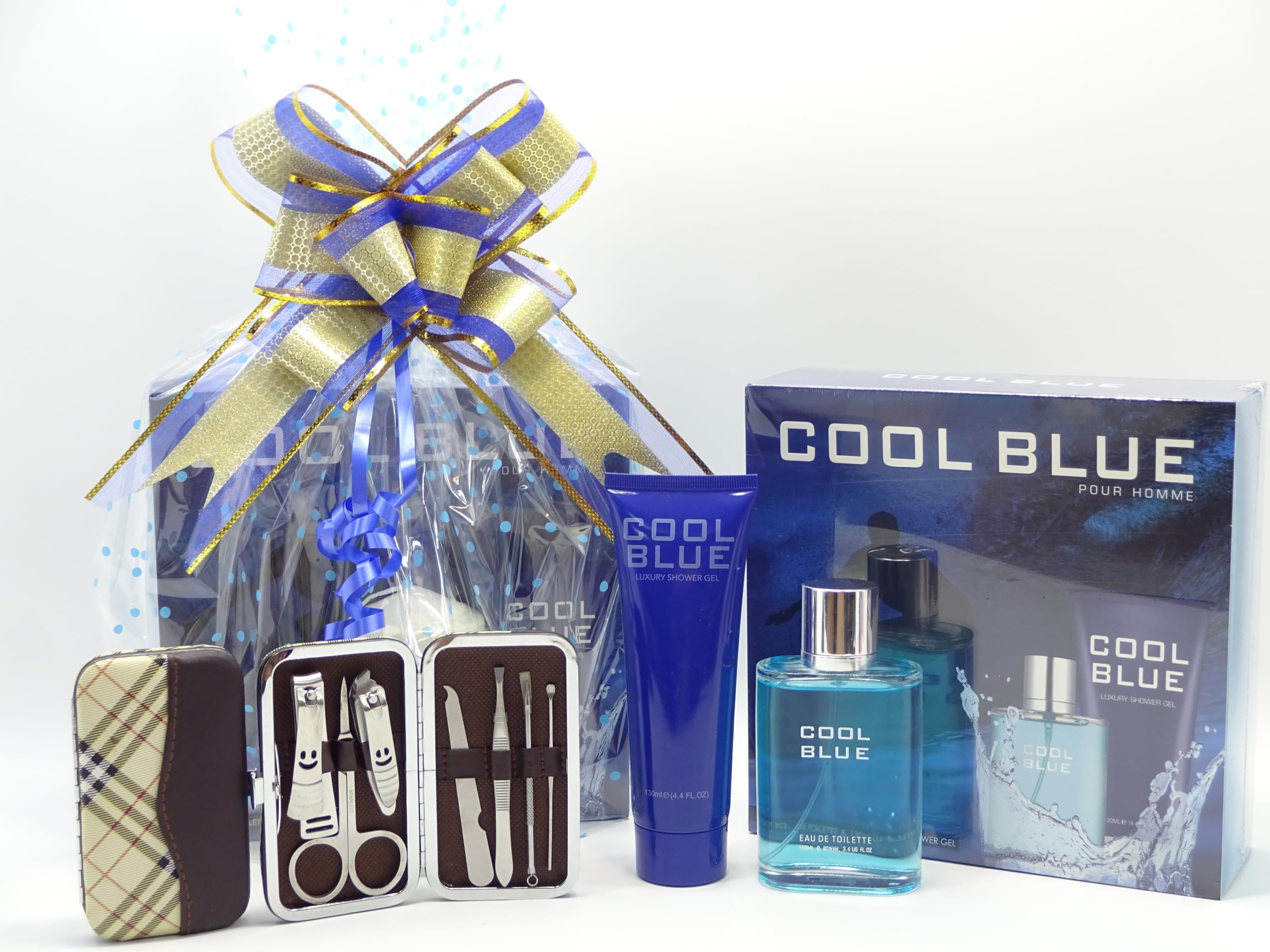 Luksusowy zestaw upominkowy dla niego, Cool Blue 2 szt. Zestaw upominkowy perfum 100 ml EDT i 130 ml luksusowy żel pod prysznic, zestaw do manicure, kosz prezentowy zapakowany na prezent