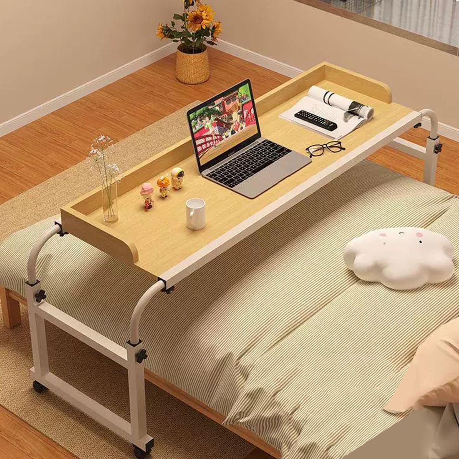 Tavolino da Letto con Carrello, Scrivania per Computer A Croce, Tavolino Mobile da Tavolo Infermieristico per la Lettura/Colazione per Letto o Divano a Rotelle(Color:Legno)