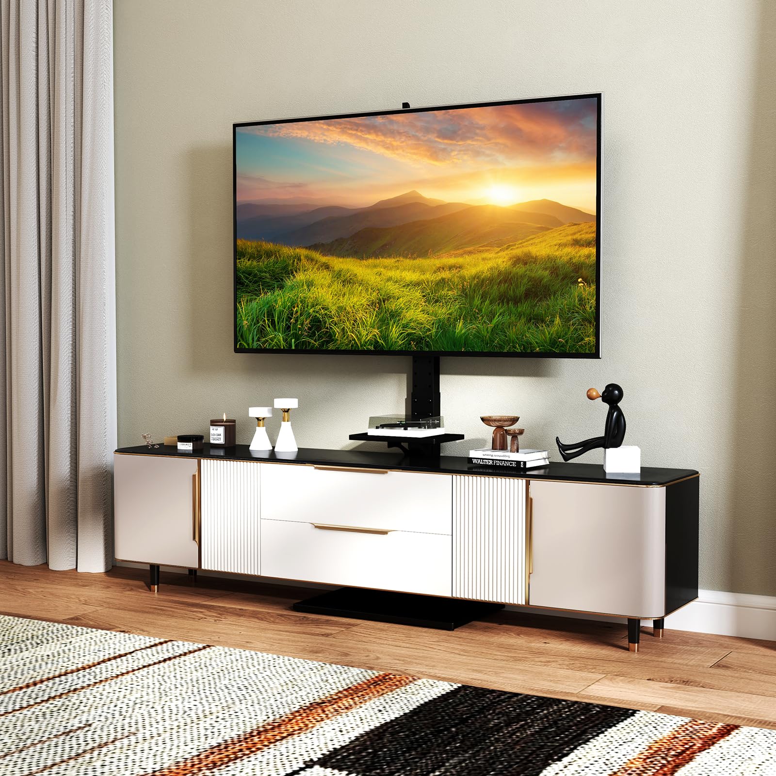 GYMAX Support TV sur Pied Inclinable, Hauteur Réglable, avec Prise de Courant, Étagère de Rangement, pour Télévision Écran de 32 à 70″ Jusqu'à 50 KG, VESA Max 600 x 400 mm