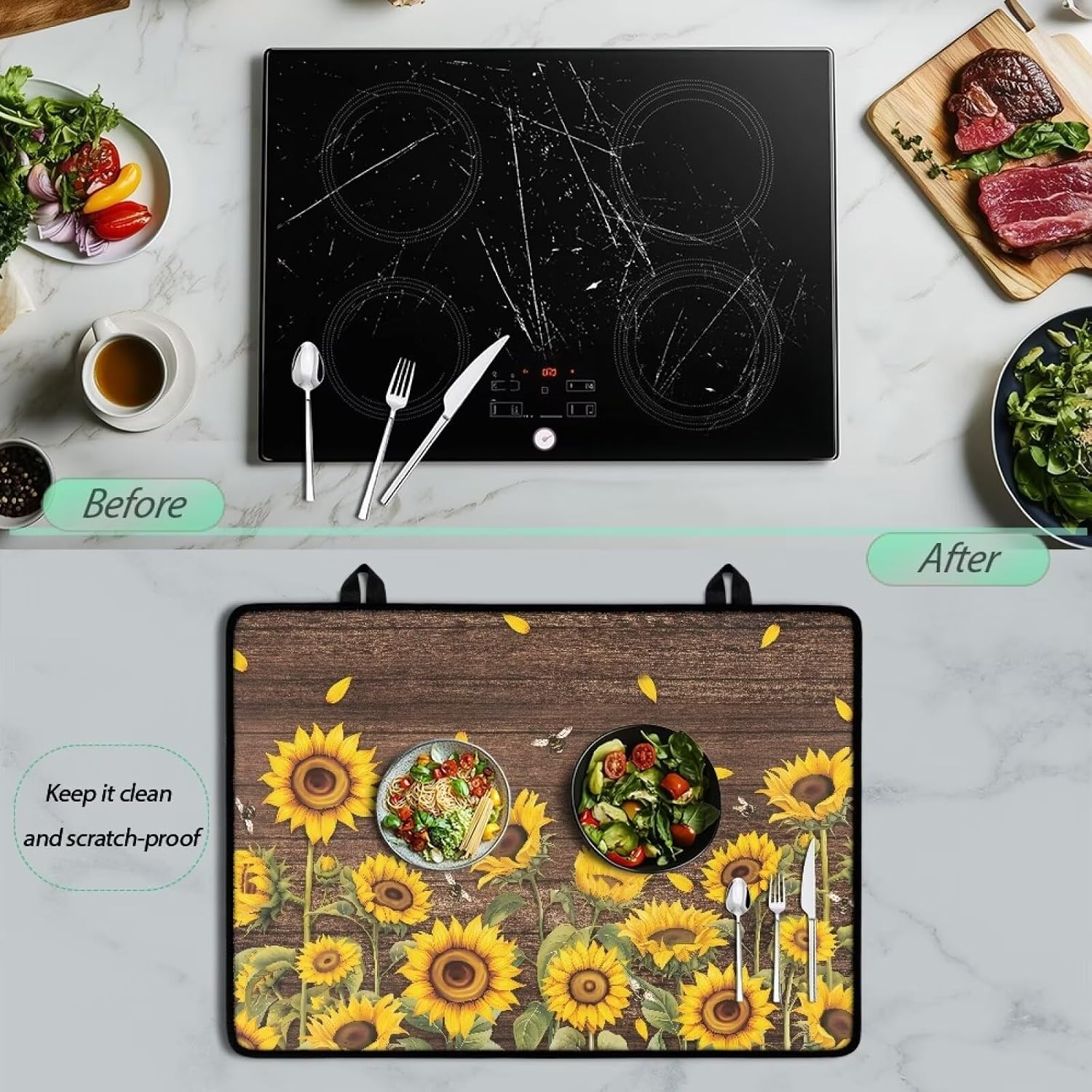 Wooden Plank and Sunflowers Silicone Electric Stove Top Cover Mat 29x21in Large Ceramic Stove Guard Stove Top Protector Dustproof Silicone Electric Stove Top Cover Mat Kitchen Accessory